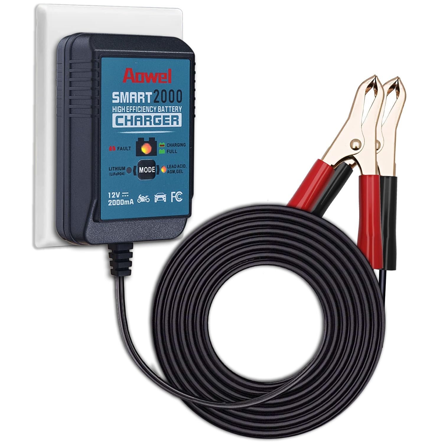 Aowel Smart Battery Charger, 12V 2A Fully Automatic Trickle Charger & Clear