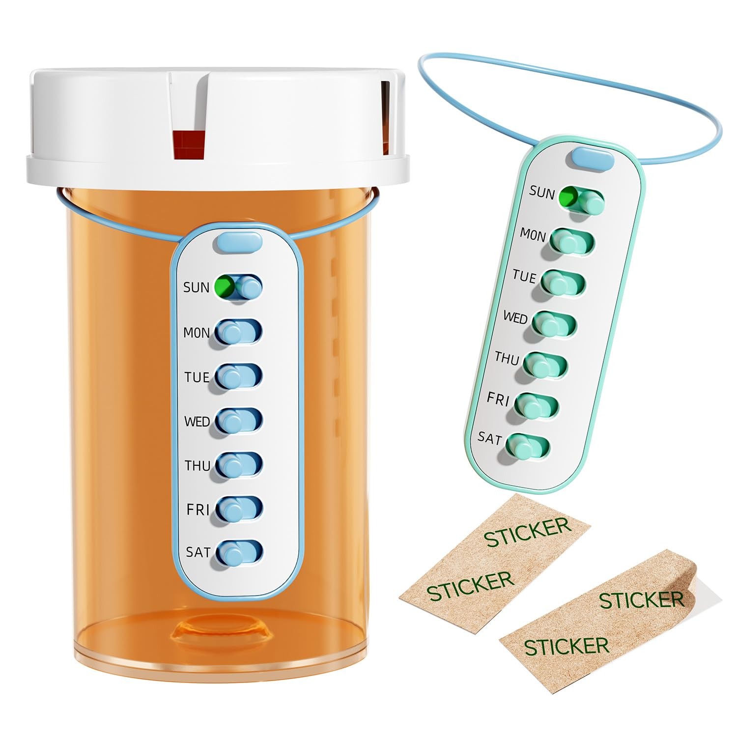 Betife 2-Pack Pill Reminder Tracker - Elastic Lanyard & 3M 2, Blue & Green