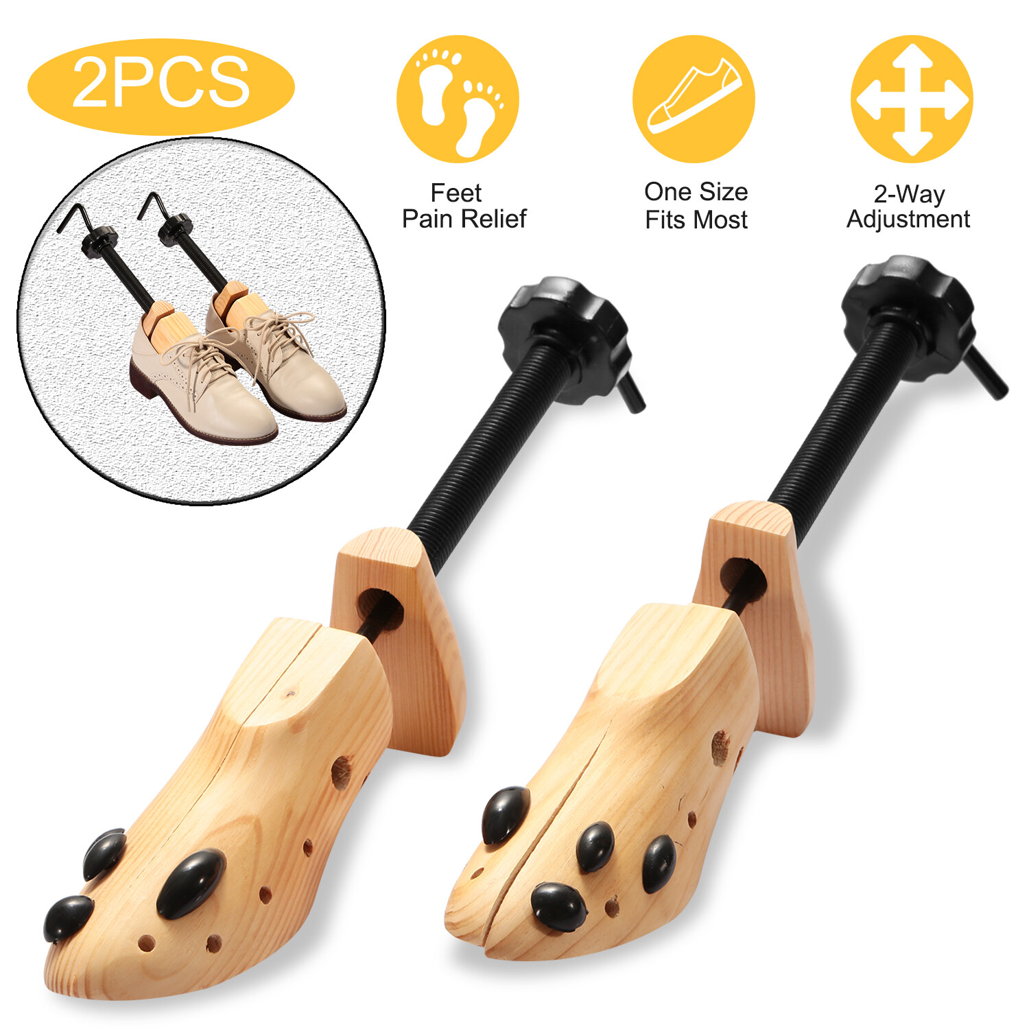 One Pair 2-way Wooden Adjustable Shoe Stretcher for Men Size 8-10 Women 9-11