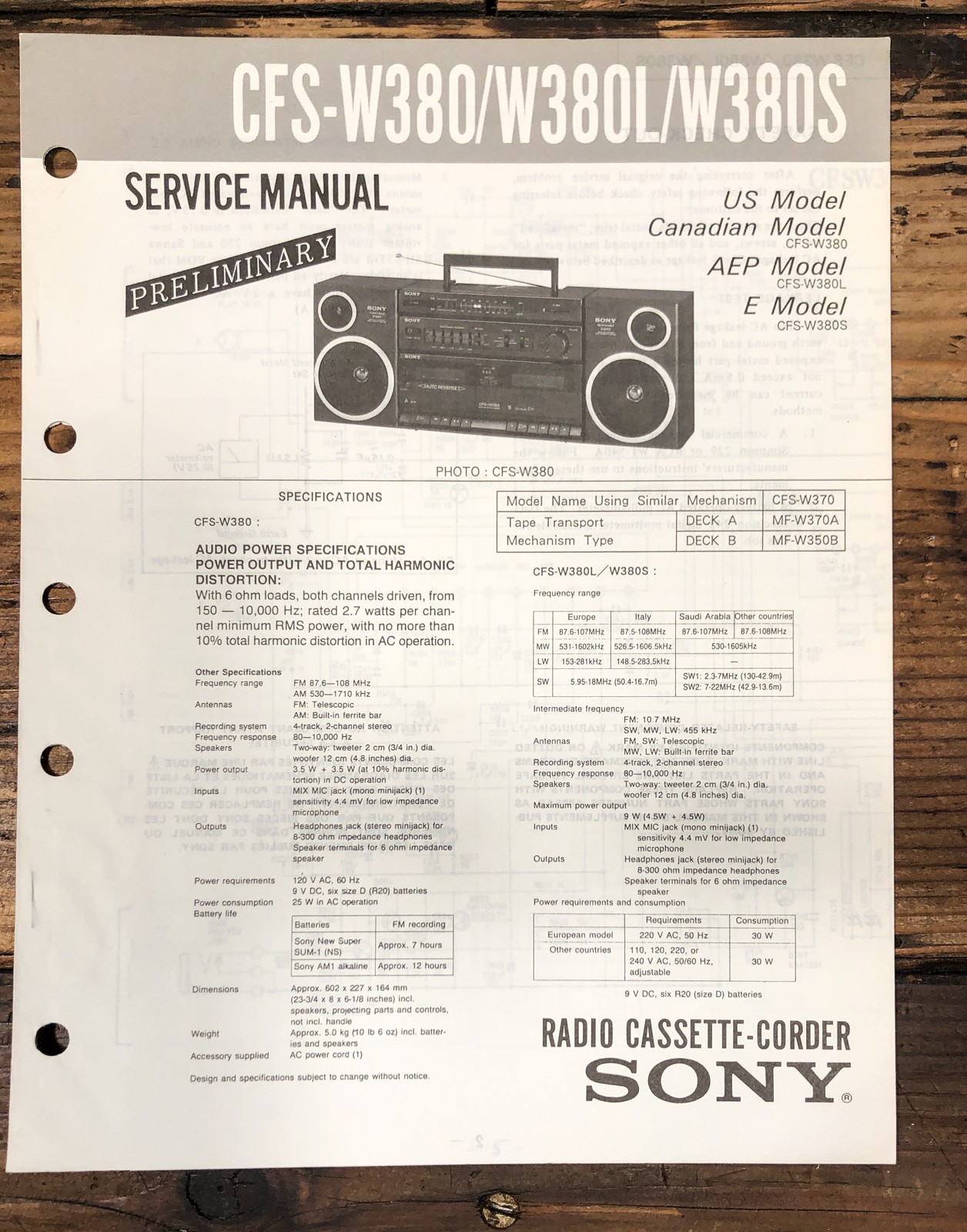 Sony CFS-W380 -W380L -W380S Radio Prelim. Service Manual *Original*