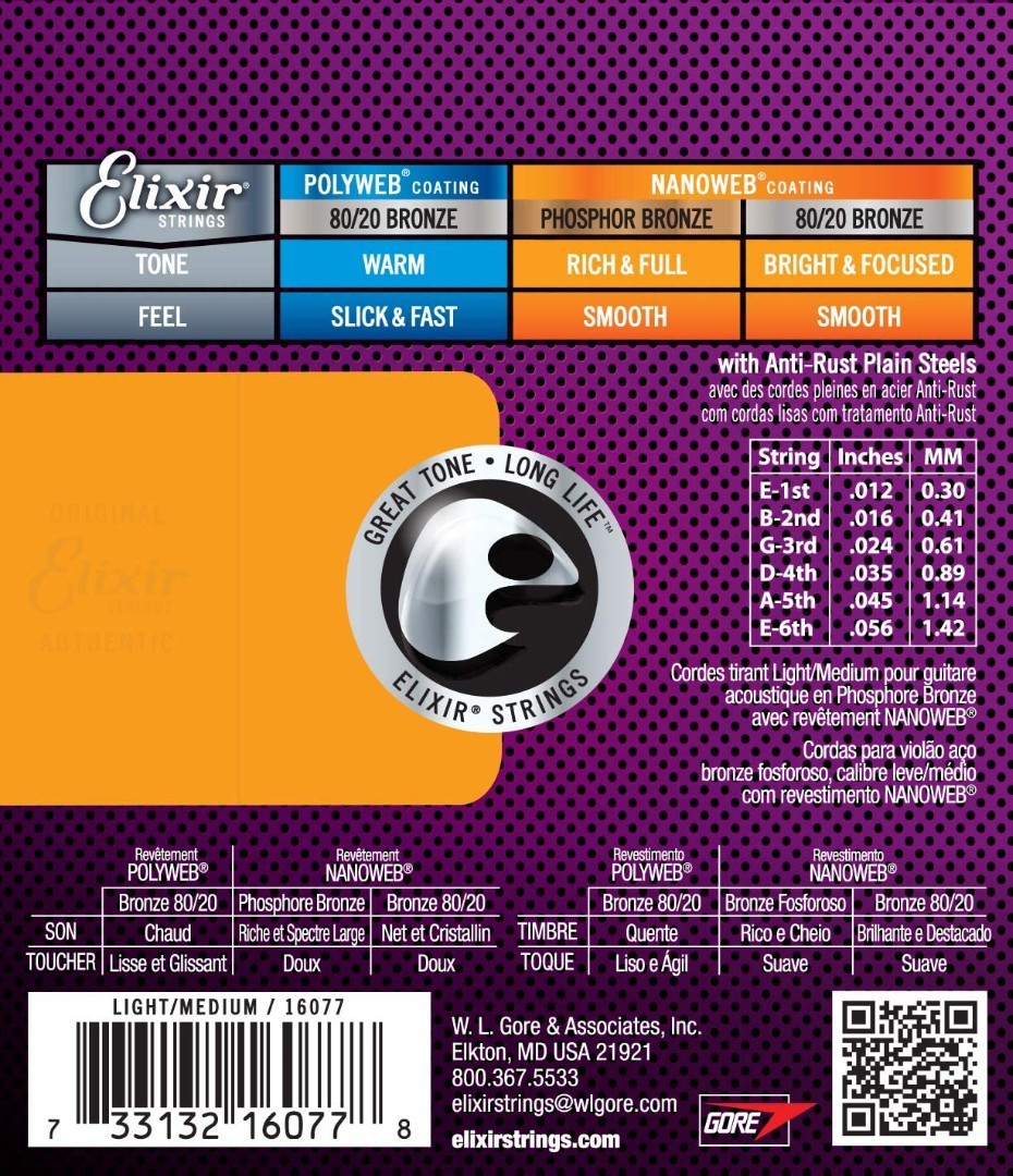 Elixir Phosphor Bronze Acoustic Guitar Strings NANOWEB Light/Medium .012-.056