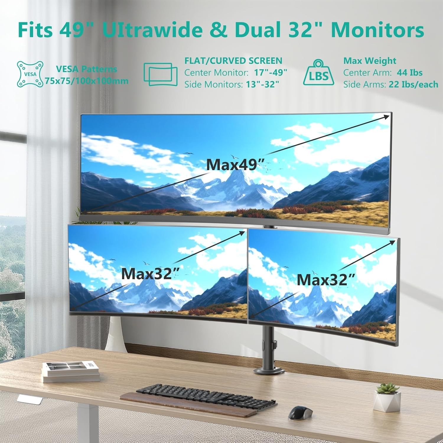 Wali Triple Monitor Mount up to 49 inches, Fully Adjustable 3 Monitor M003-P