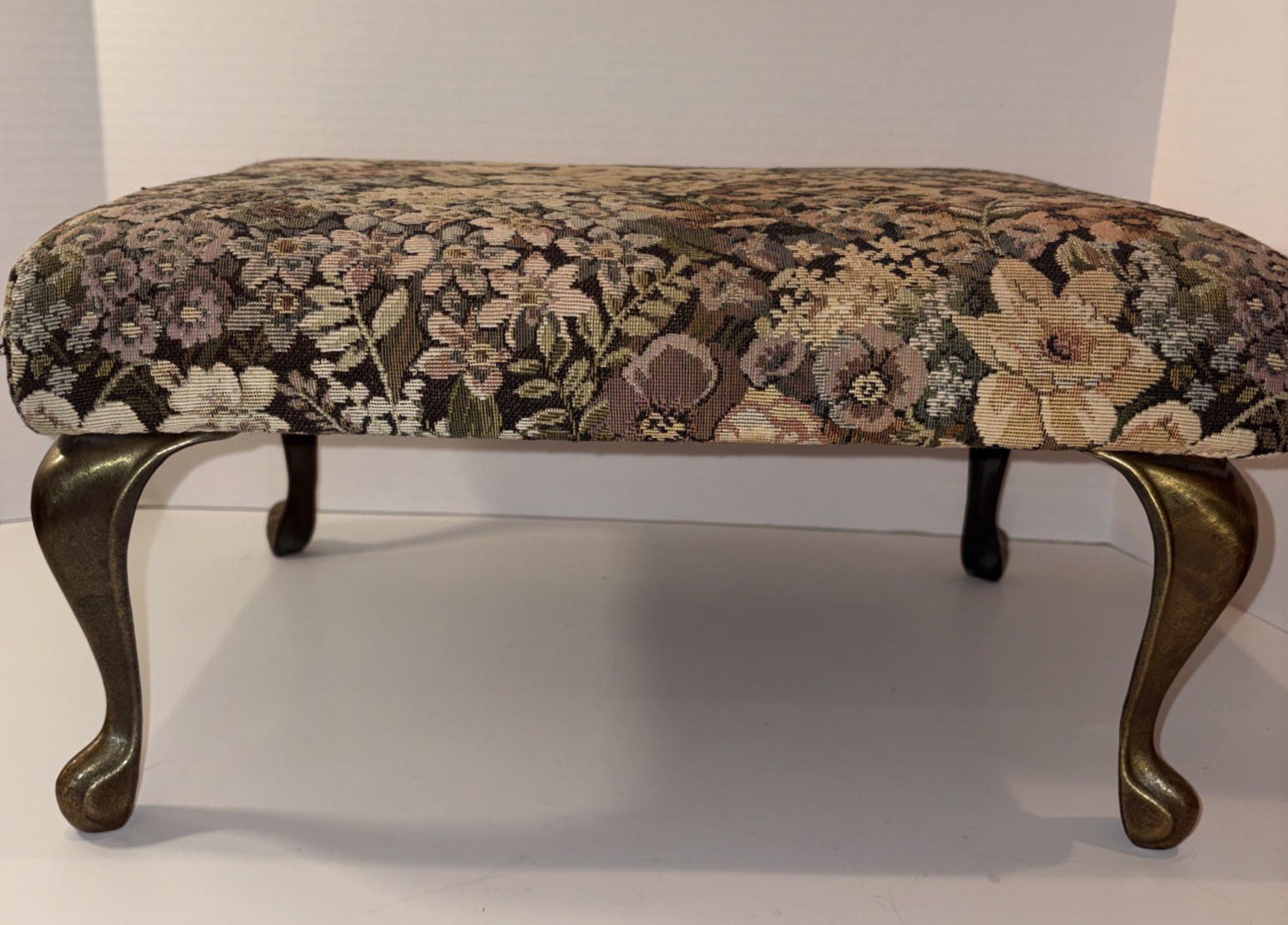 Vintage Upholstered Tapestry Foot Stool with Metal Gilt Legs