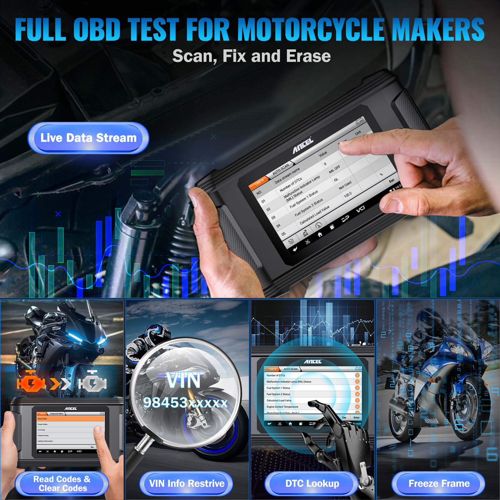 ANCEL MT500 PRO Motorcycle Diagnostic Tool OBD2 Scanner Code Reader ABS TPMS SRS