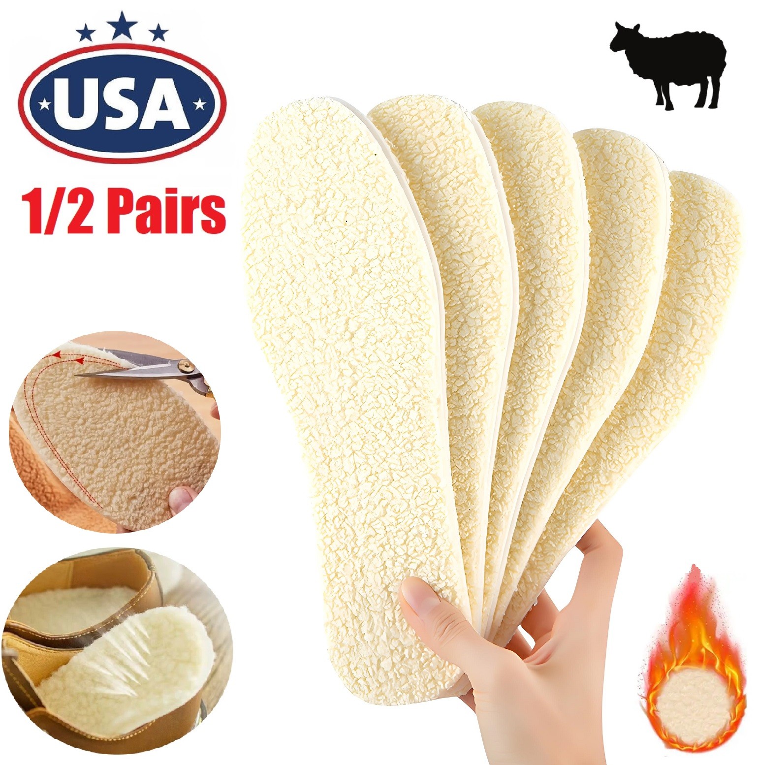 2× Winter Alpaca Insoles Imitate Alpaca Fleece Shoe Pads Xmas Women Men Gift USA