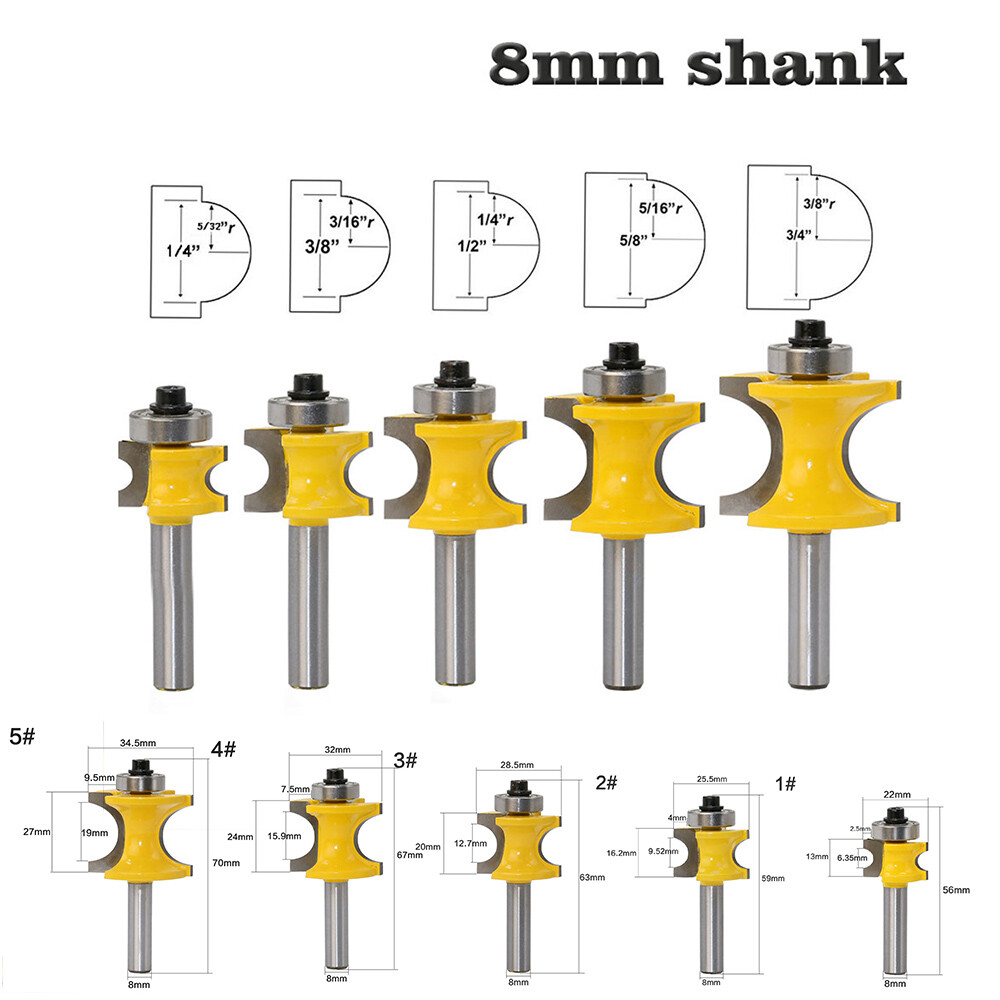 5Pcs 8mm Shank Bullnose Router Bit Set C3 Carbide Tipped Woodworking cutter