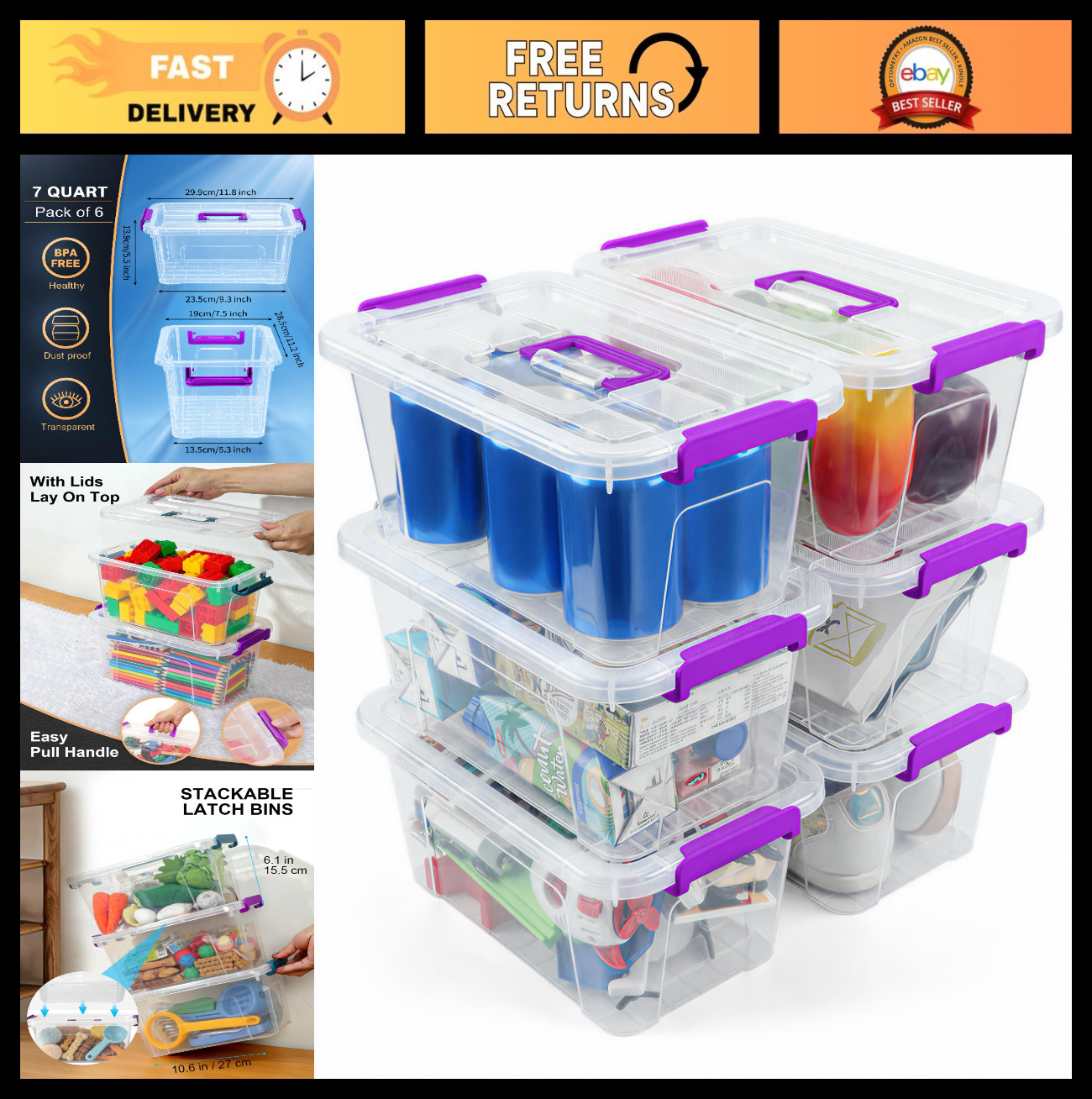 7Qt Clear Stackable Storage Bins with Lids - 6-Pack for LEGO, Crafts & Office