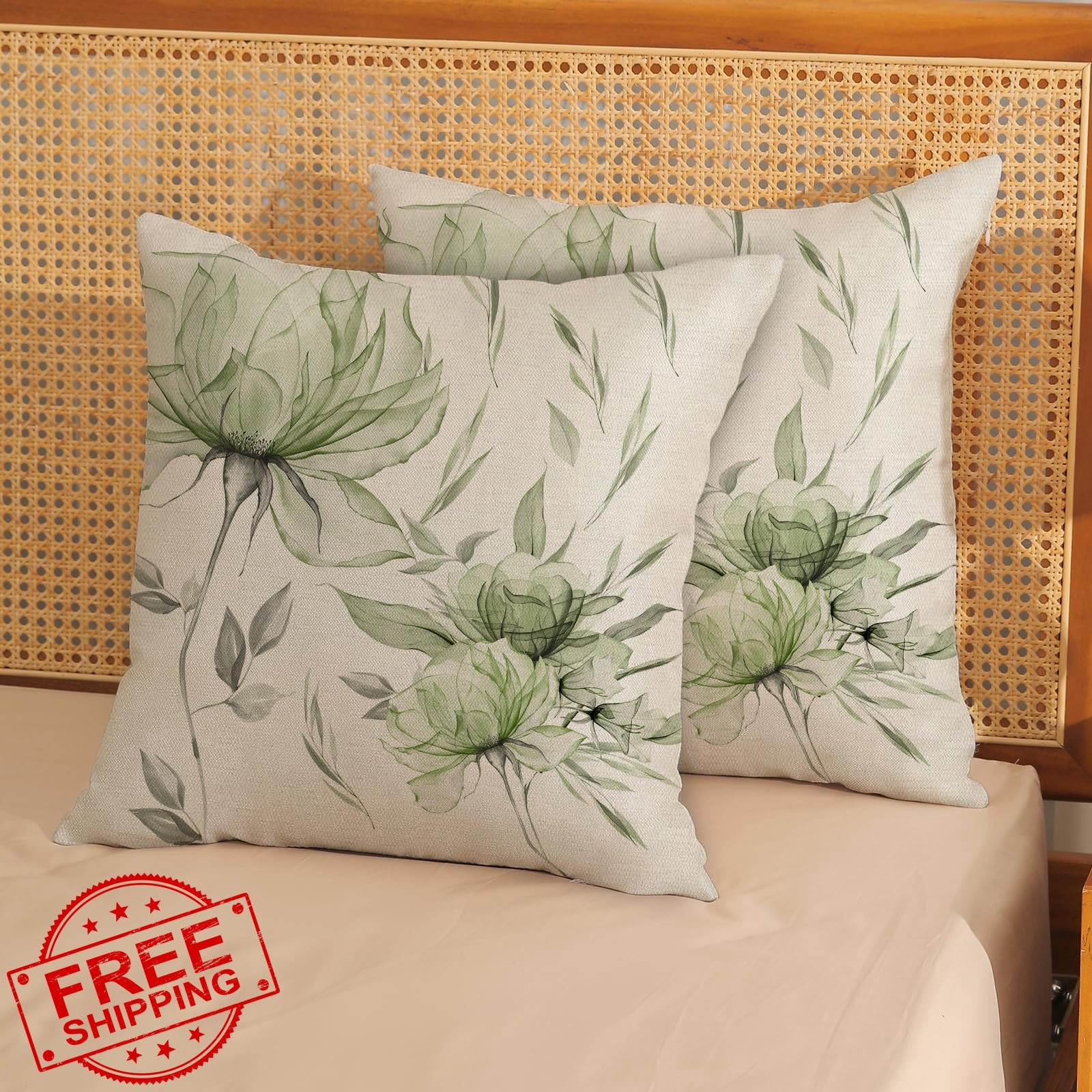 GOLIANDA Green Pillow Covers 18x18 Set of 2 Floral Boho Linen