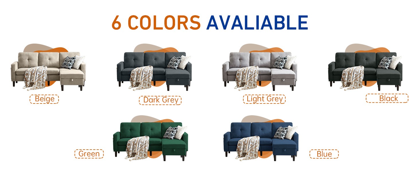 80" Convertible Sectional Sofa Couch with Movable Ottoman, 3 Seats Sectional