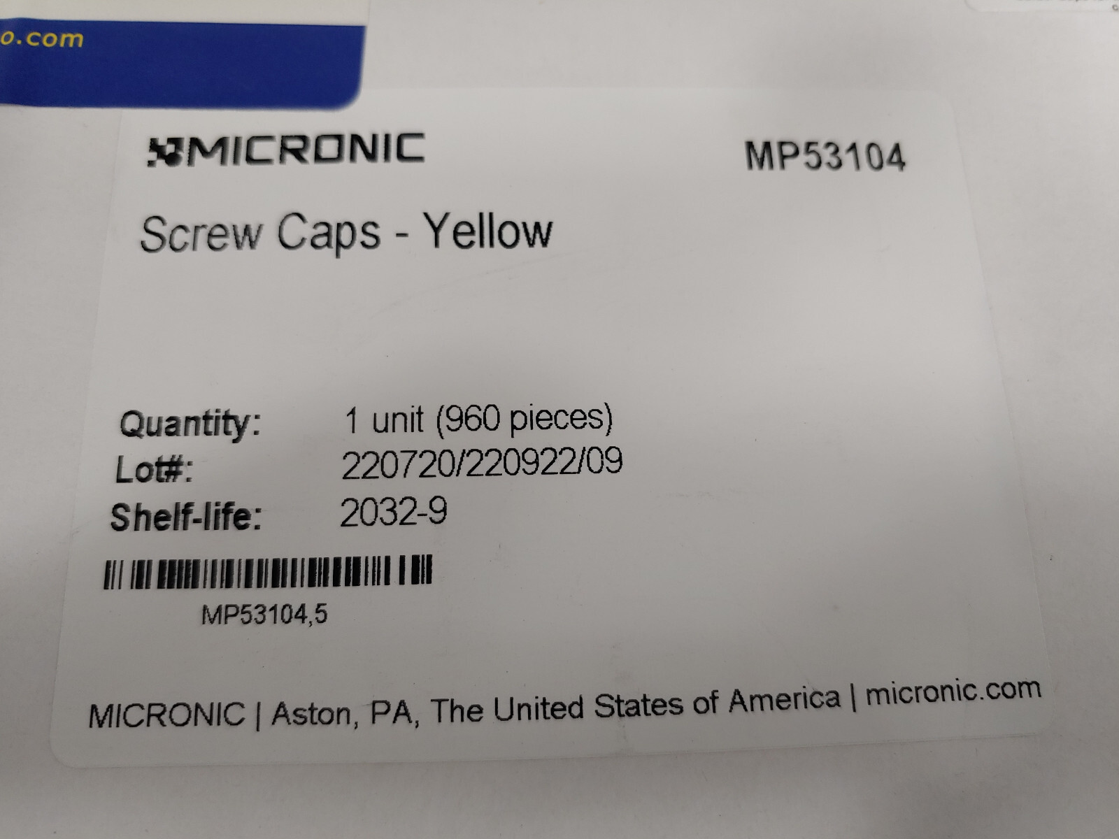 960 Box MICRONIC MP53104 Screw Caps Yellow