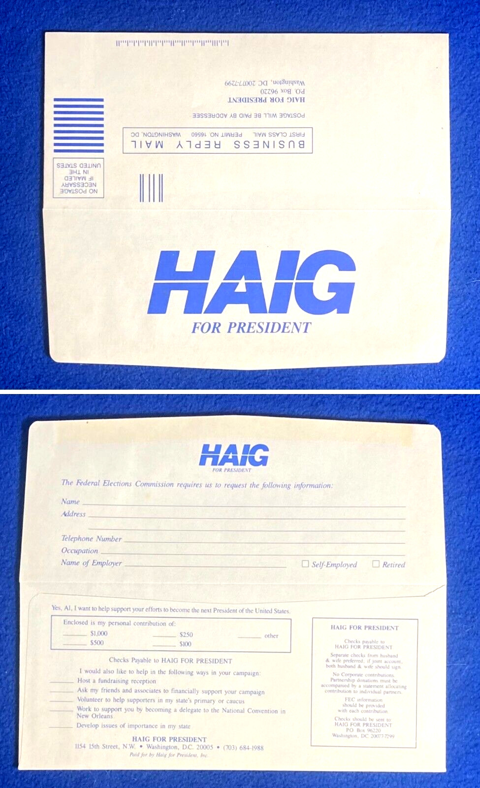Vintage 1988 Alexander HAIG FOR PRESIDENT Fundraising Envelope/Volunteers UNUSED