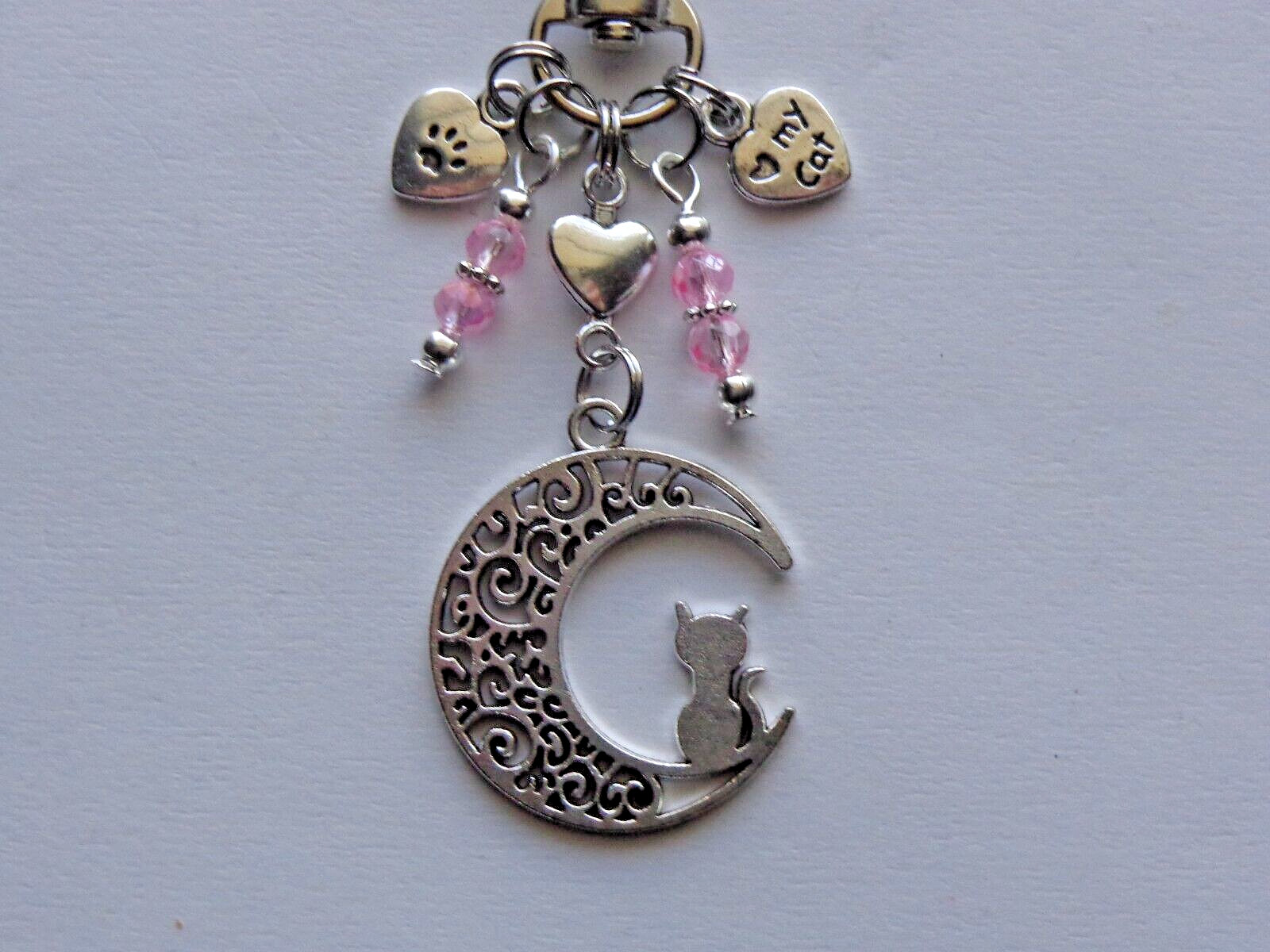 CAT CRESENT MOON CRYSTAL BEADS KEY CHAIN PURSE CHARM BAG CHARM FOB