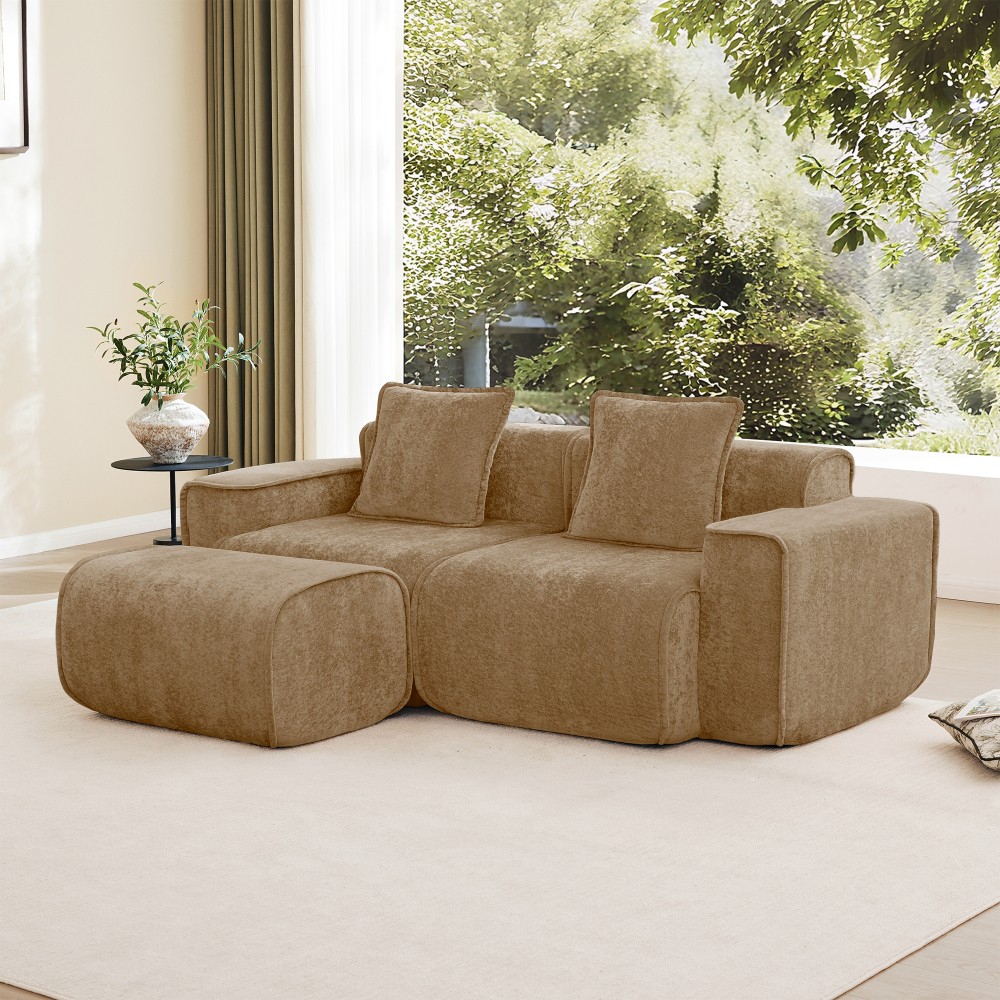 L-Shape Sectional Sofa w/ Ottoman Compressed Sofa Velvet Brown, No Assembly