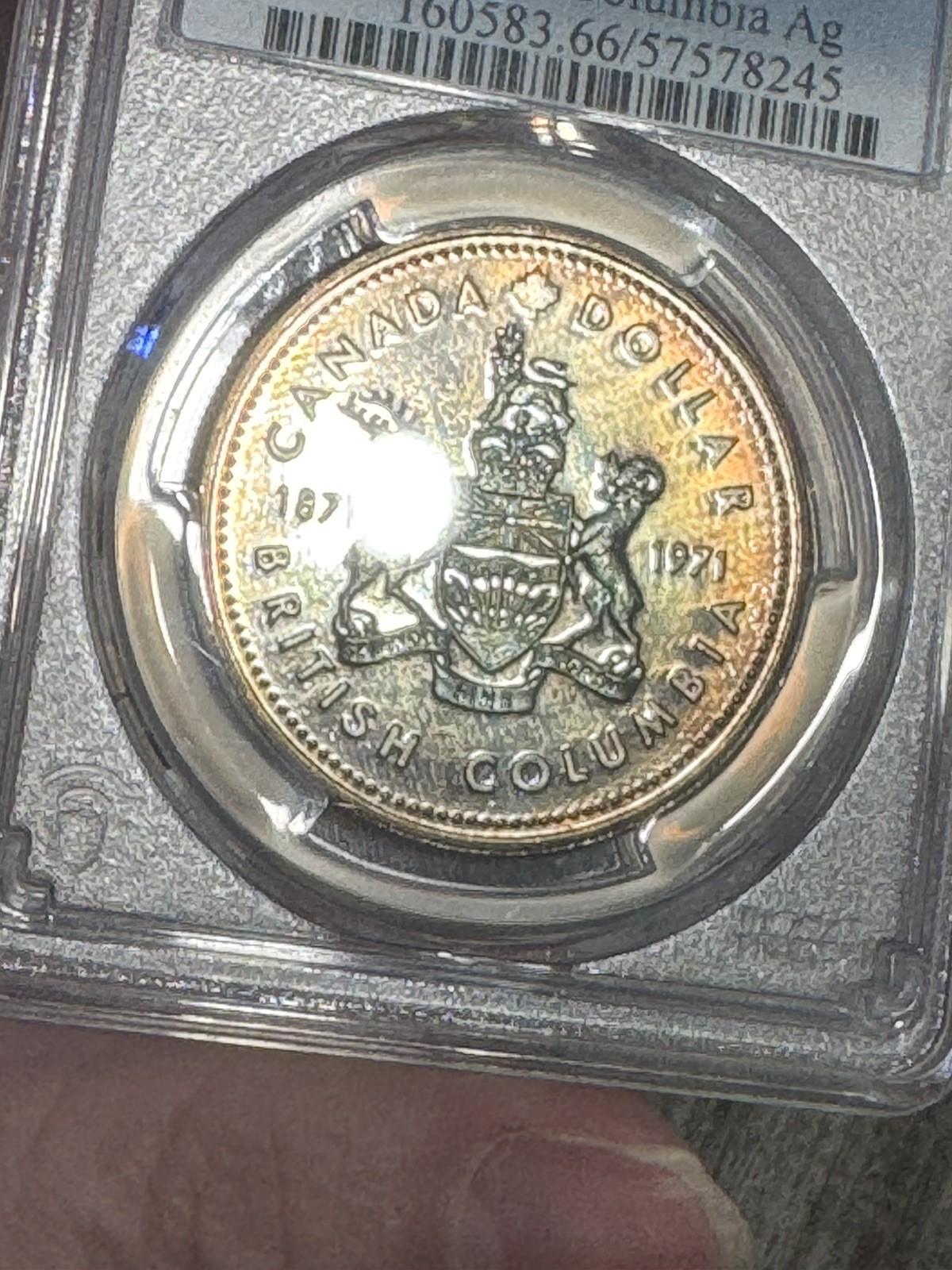 1971 Canada British Columbia Silver Dollar PCGS SP66 Toned Golden Rainbow