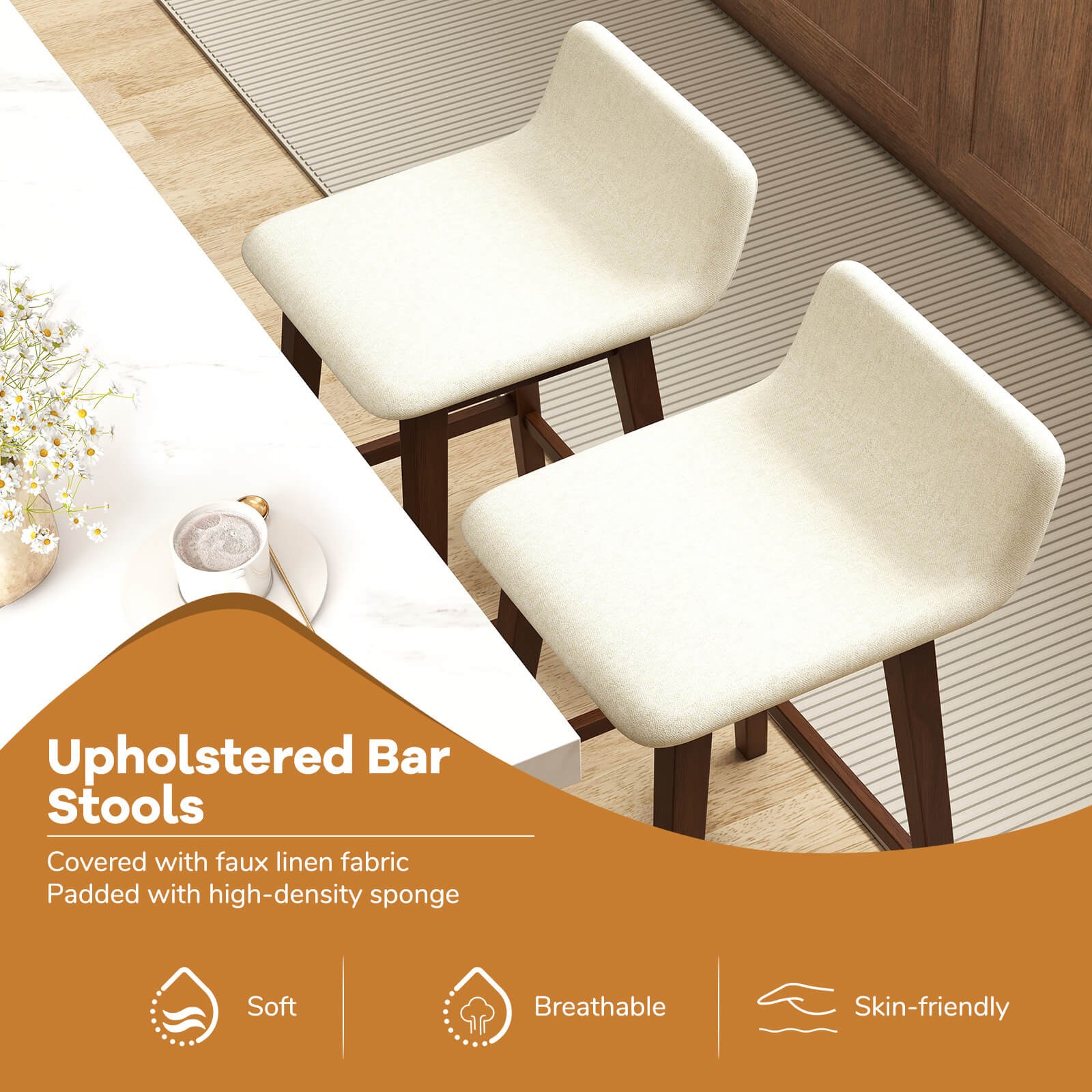 24" Upholstered Barstools w/ Low Back Footrest and Wood Legs for Kitchen Island