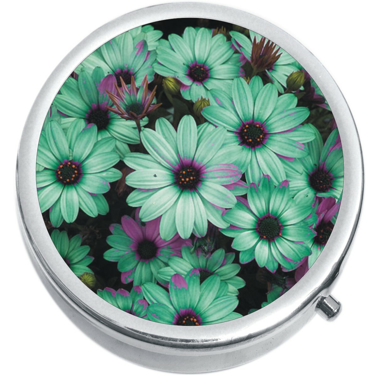 Teal Daises Flowers Medicine Vitamin Pill Box