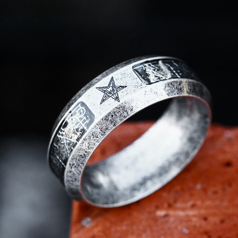Vintage Satan Cross Lucifer Sigl Inlay Ring Stainless Steel Biker Jewelry Ring