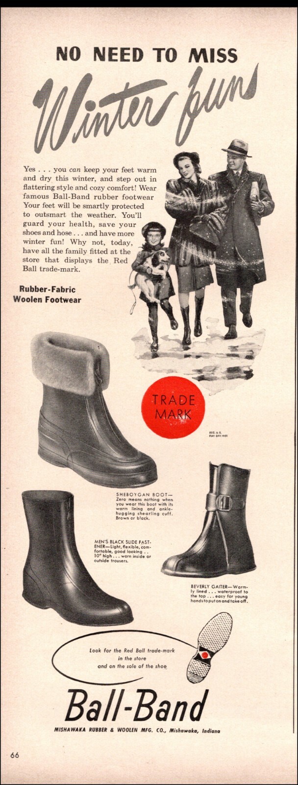 1953 vintage AD for BALL BRAND Woolen Lined Rubber Winter Foot Wear 122221