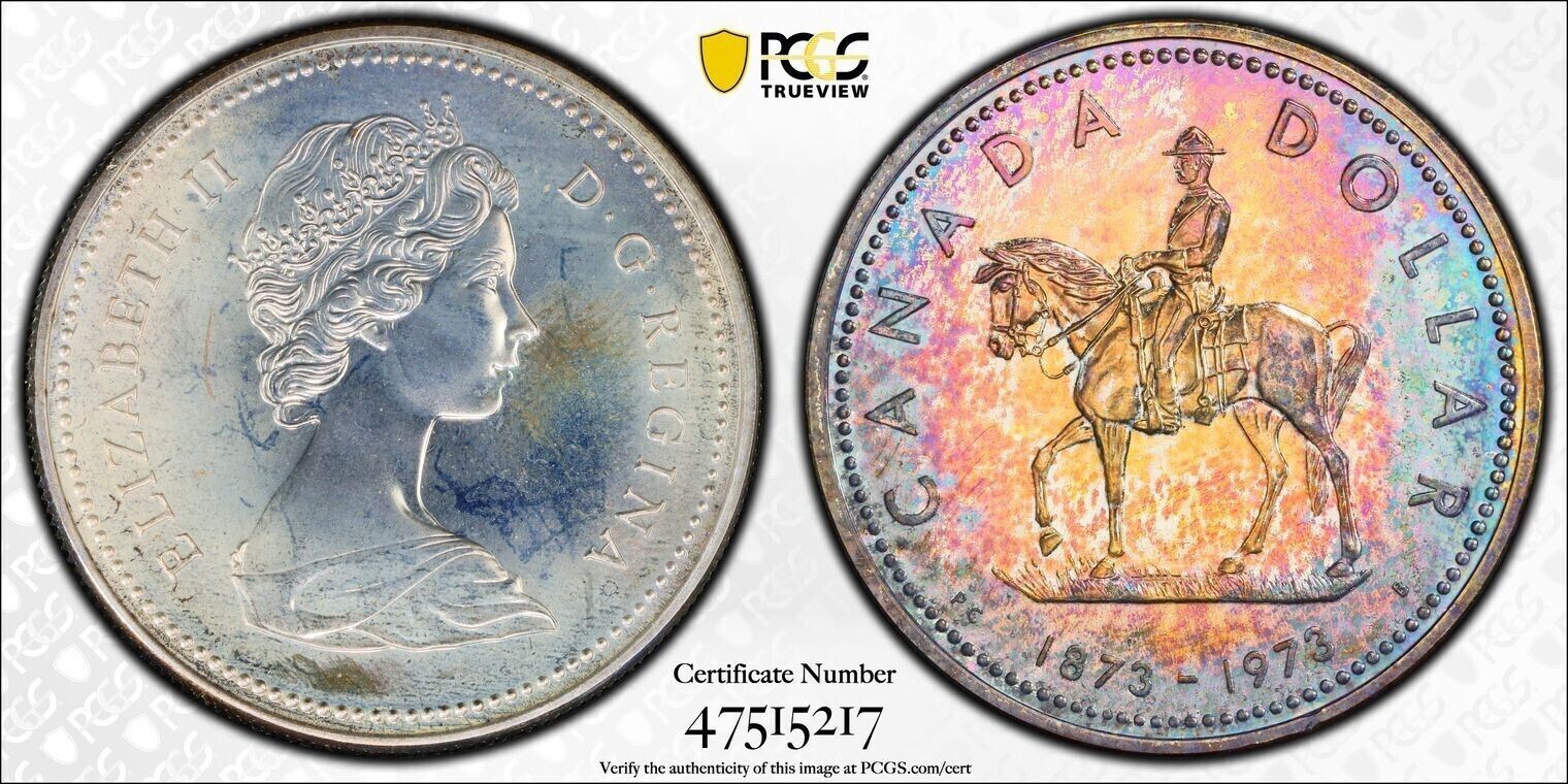 C093 Canada 1973 Silver Dollar R.C.M.P. Centennial KM-83 PCGS SP66 Nicely toned.