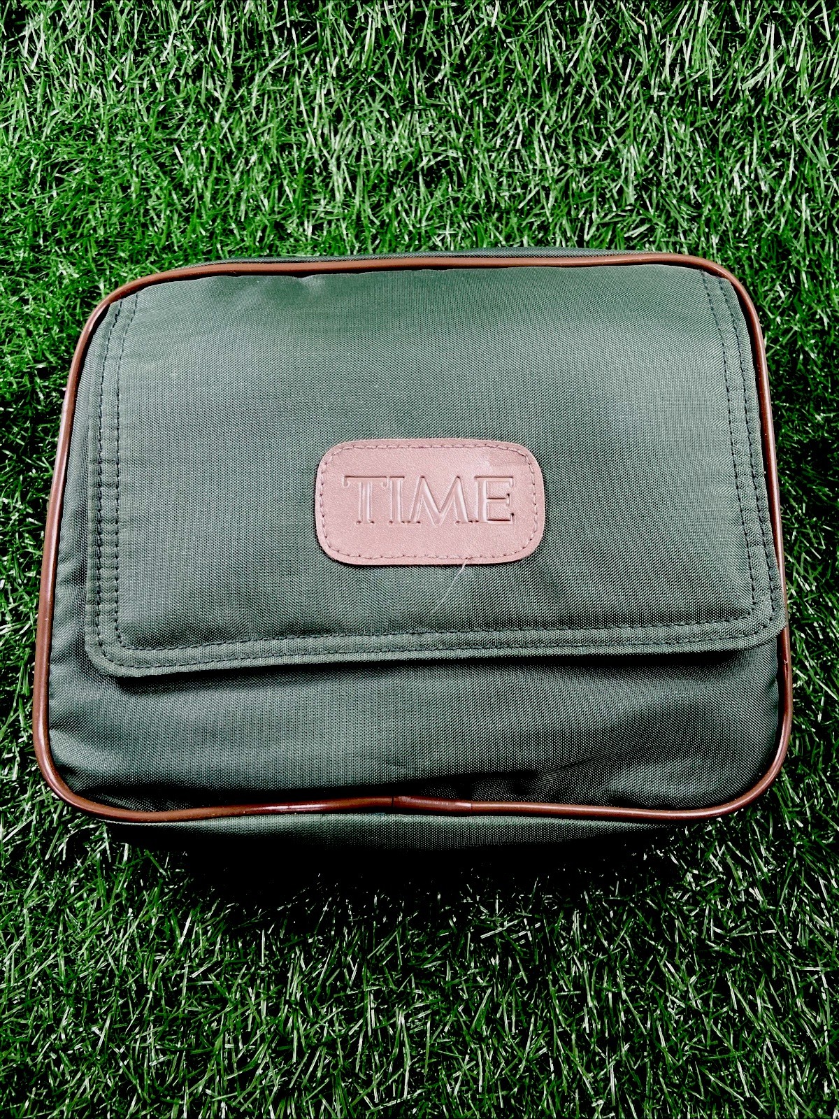 Vtg Time Magazine Green Nylon Collapsible Zip Duffel Bag. Size 18”x6” Travel