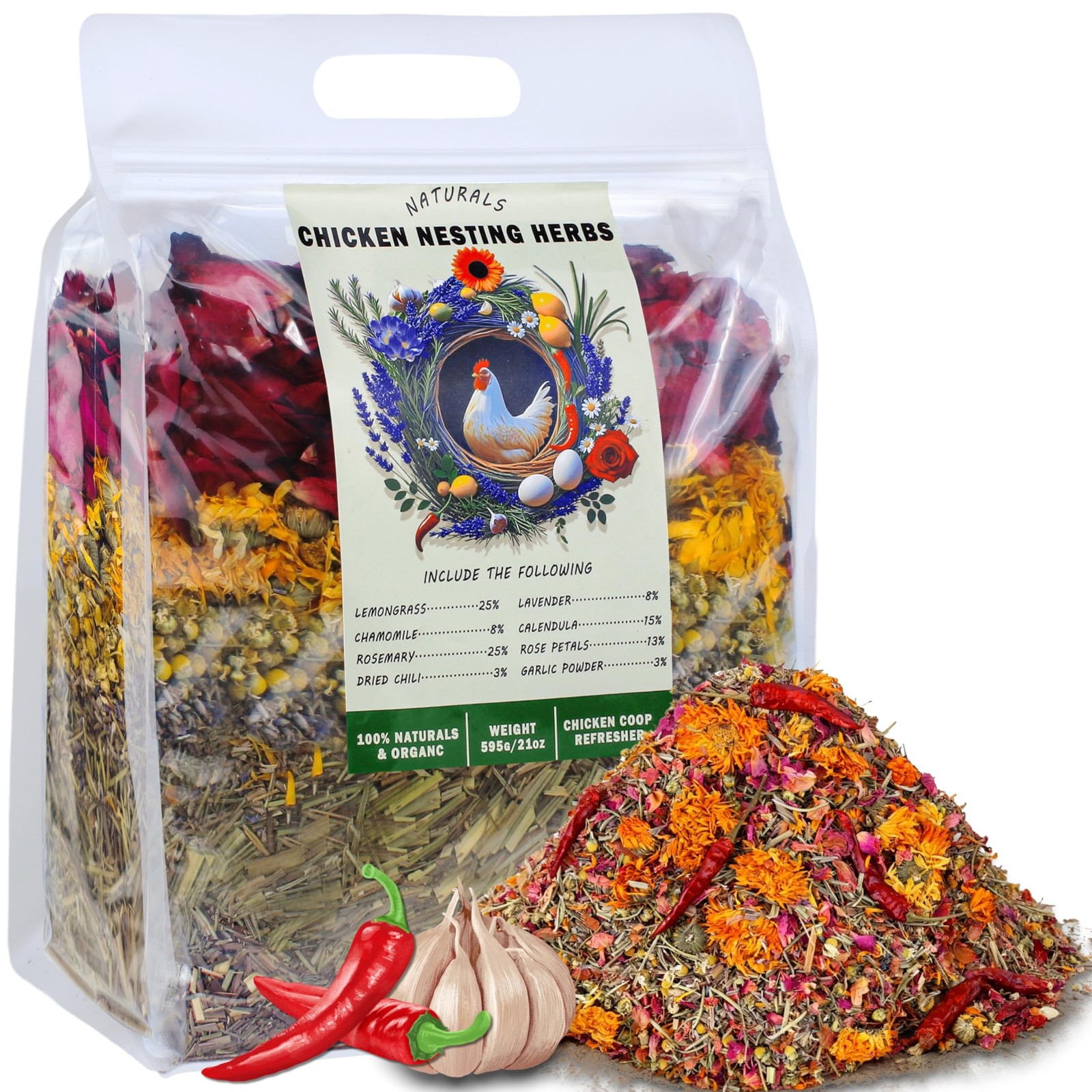 AUBOEAY 21 Oz Chicken Nesting Herbs, 8 Flowers Premixed Dried Poultry green