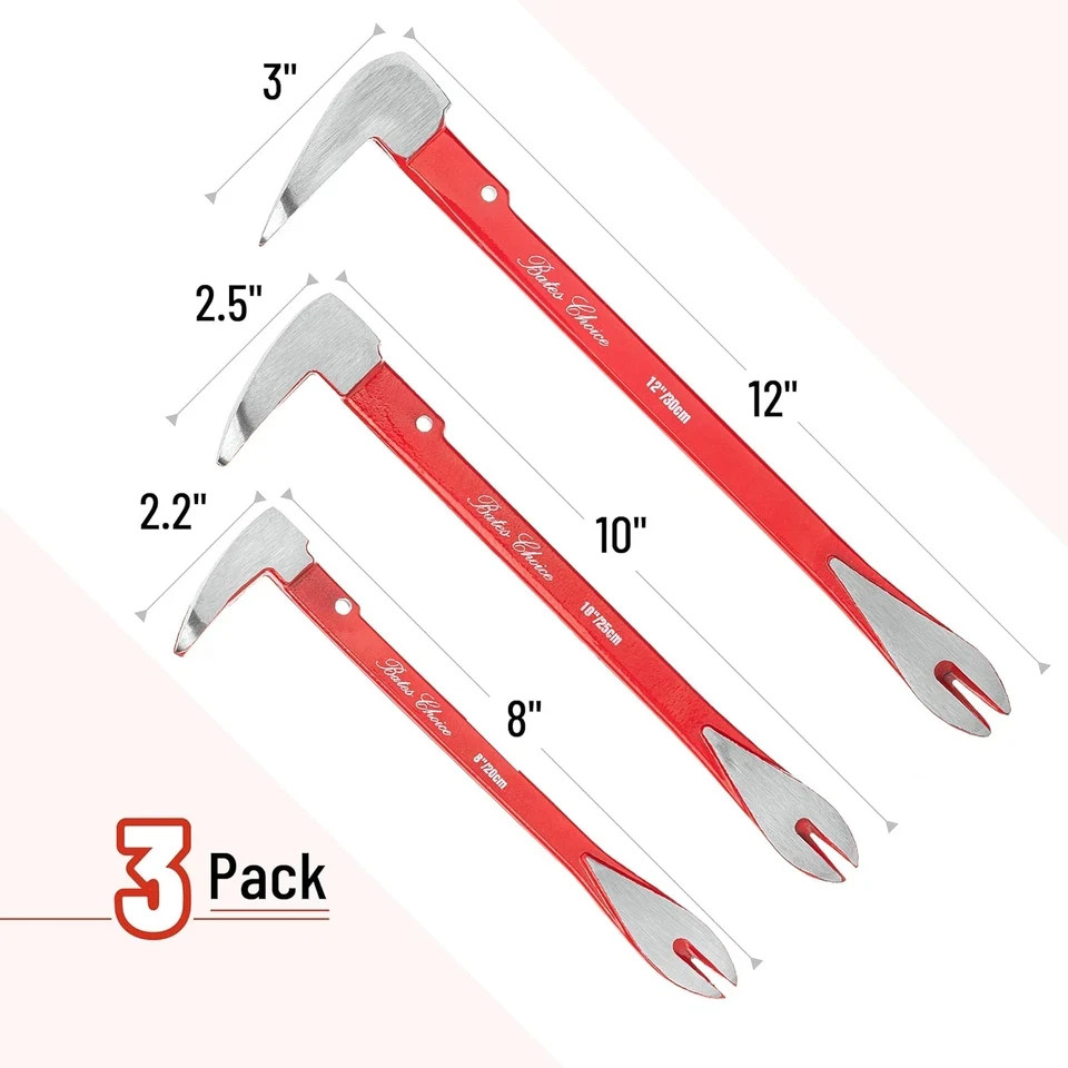Bates- Pry Bar Nail Puller Set, 3 Pack, 8"/10"/12", Nail Puller Tool, Small Pry