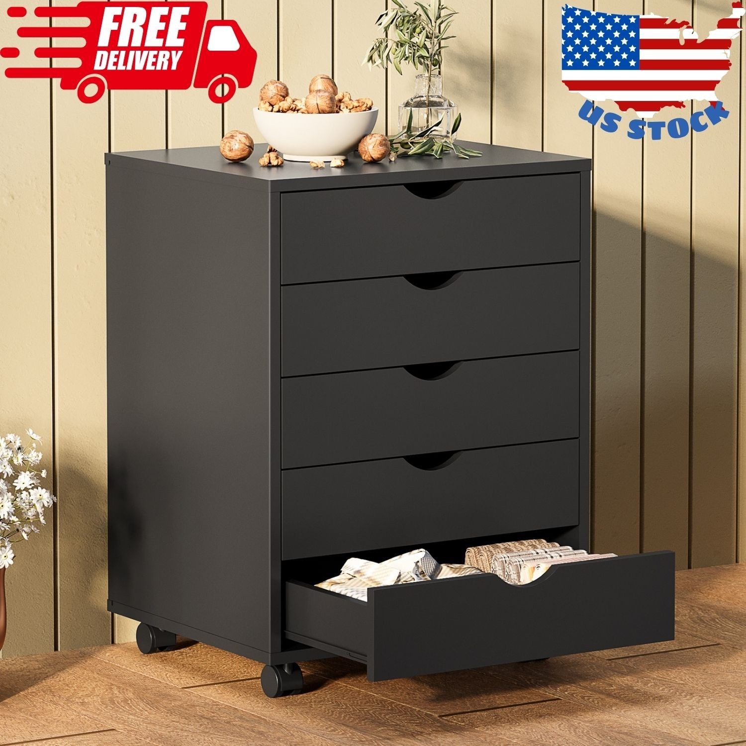 5-Drawer Portable Storage Cabinet on Wheels for Home Organization, Black