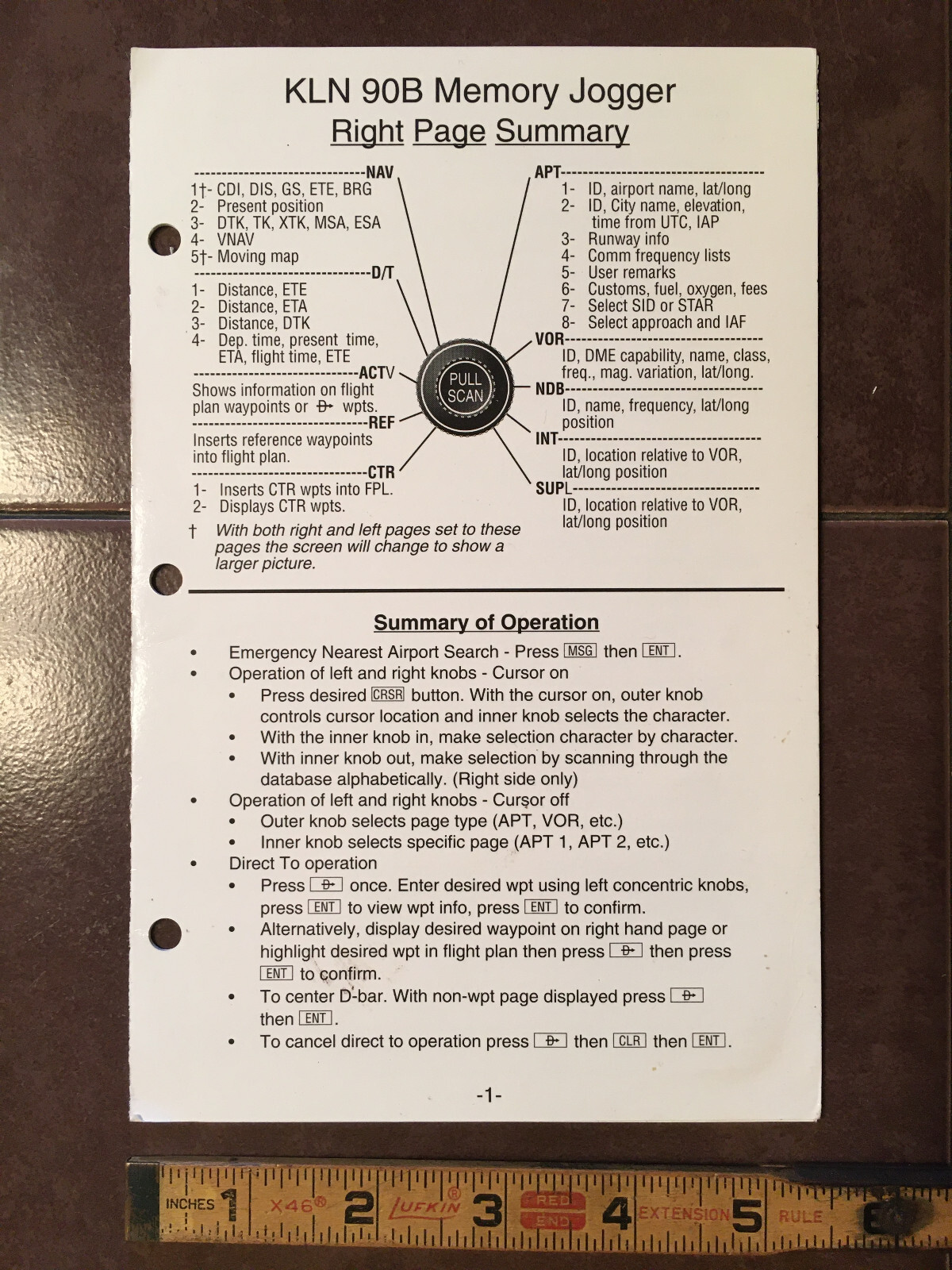 King KLN-90B Memory Jogger , 6 page laminated QRH Pamphlet