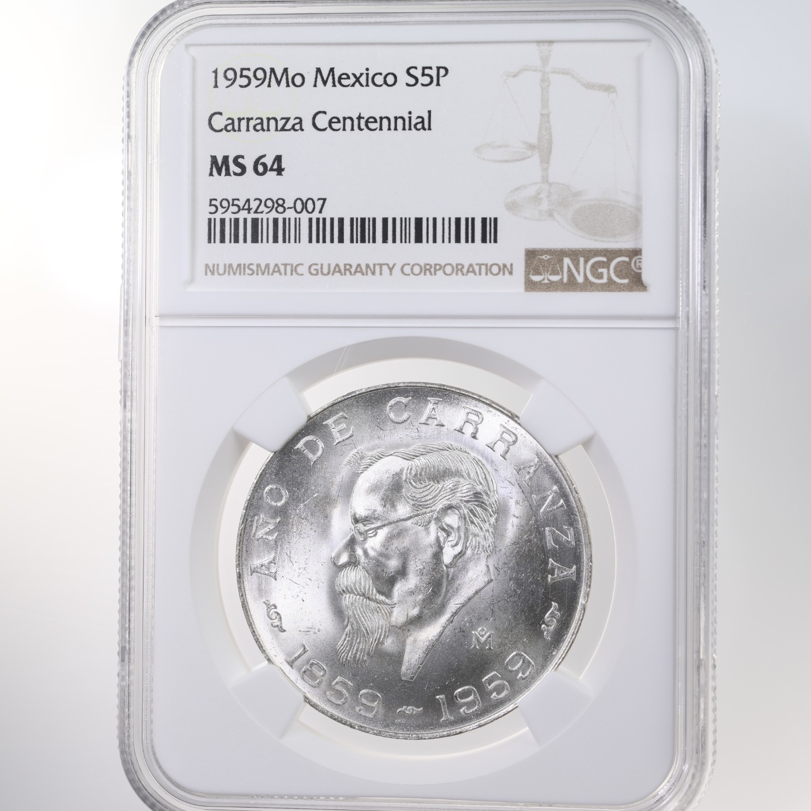 1959Mo Mexico S5P NGC Certified MS64 Carranza Centennial