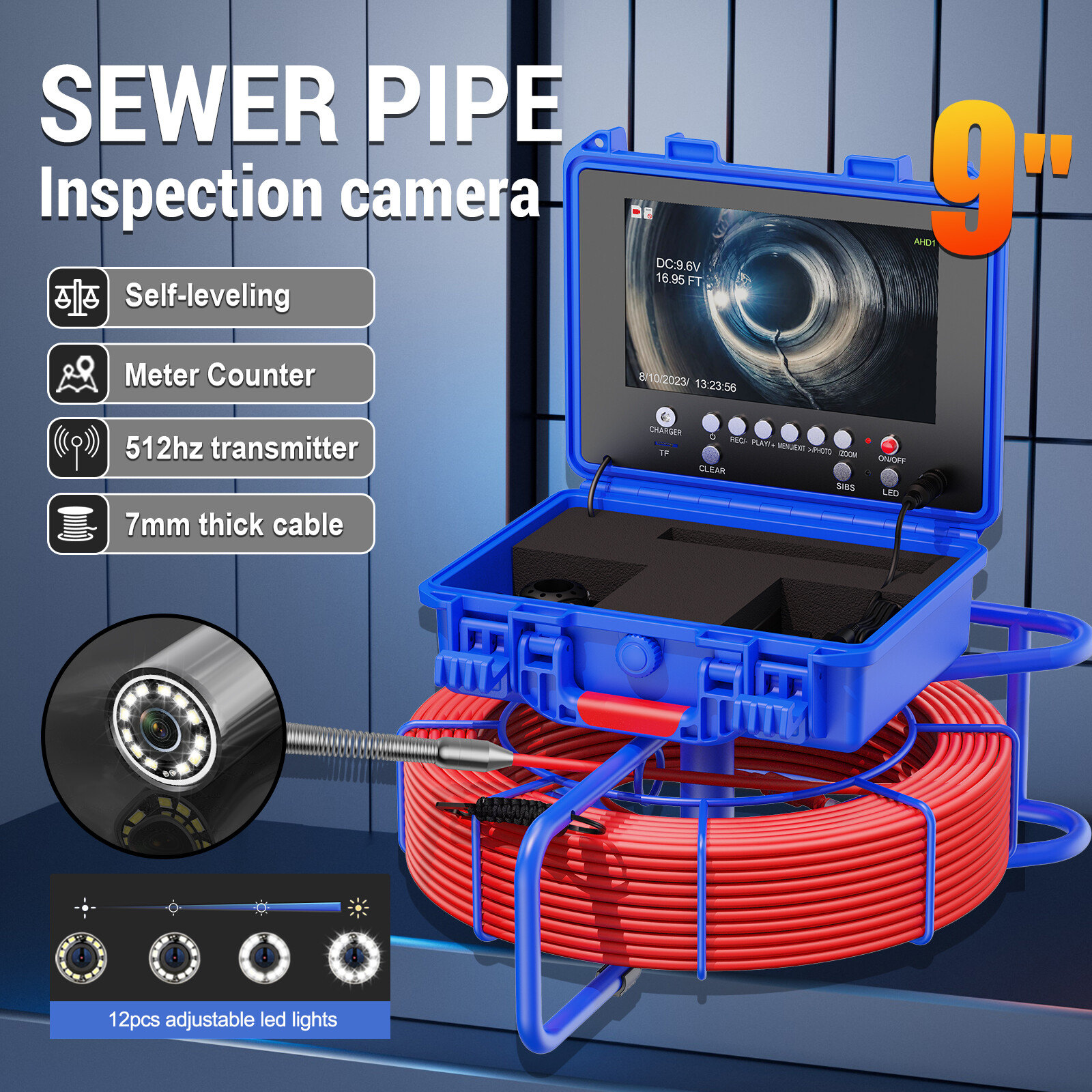 9inch Sewer Camera 50m Pipe Inspection Camera 512hz Self-leveling Meter Counter