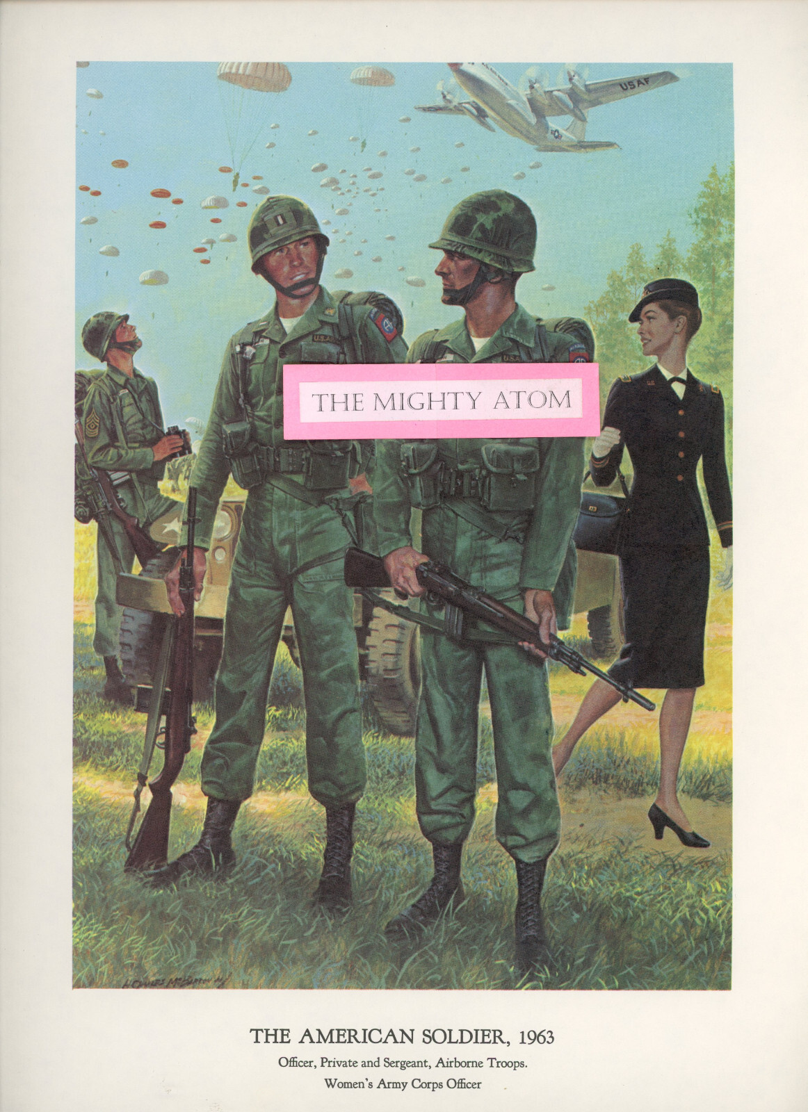 US ARMY ART PRINT BY CHARLES MCBARREN 1963 AIRBORNE OFFICER, PRIVATE & SERGEANT