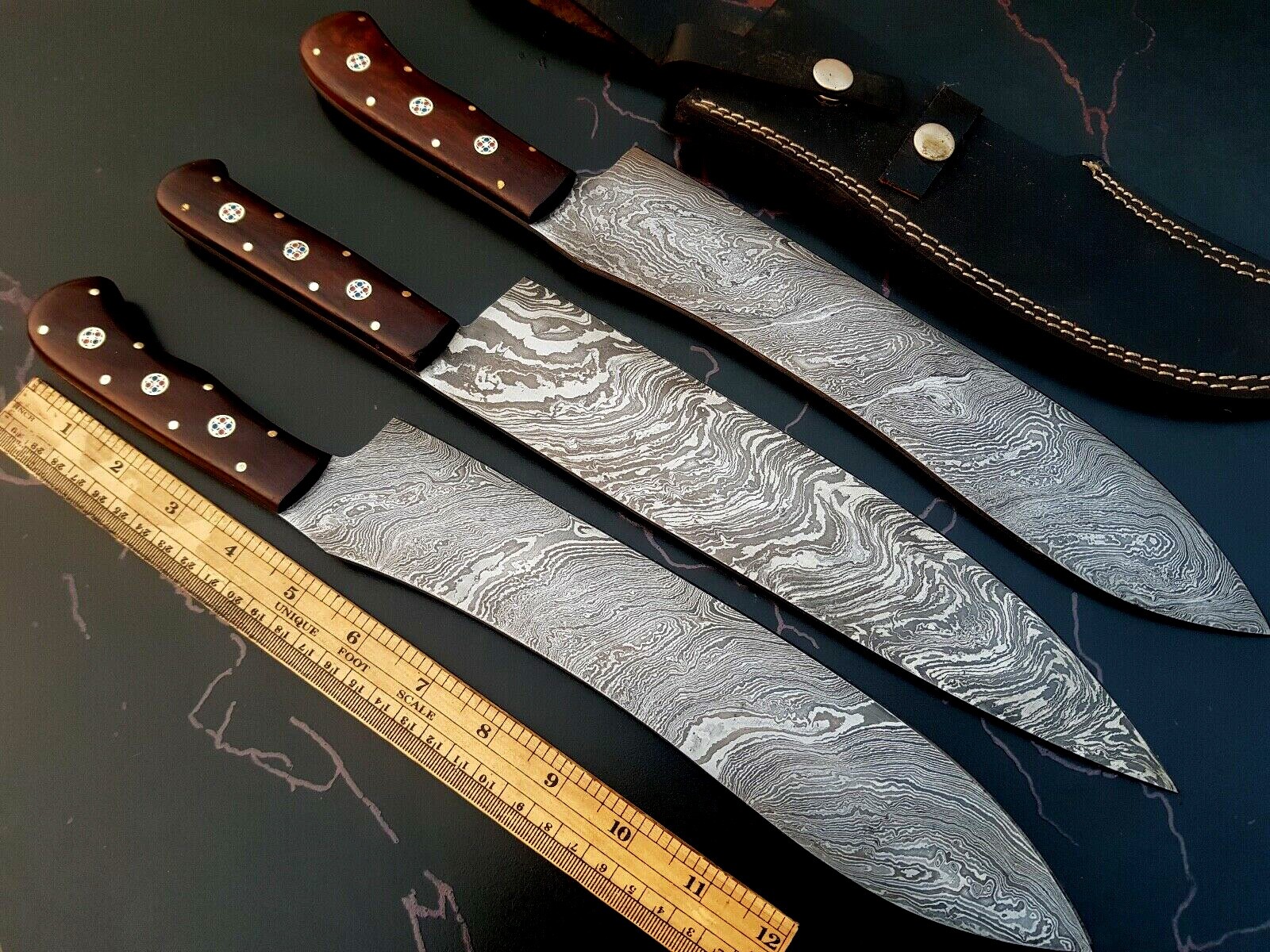 CUSTOM HAND MADE DAMASCUS STEEL CHEF KNIVES  (LOT OF 3) AFSA 11