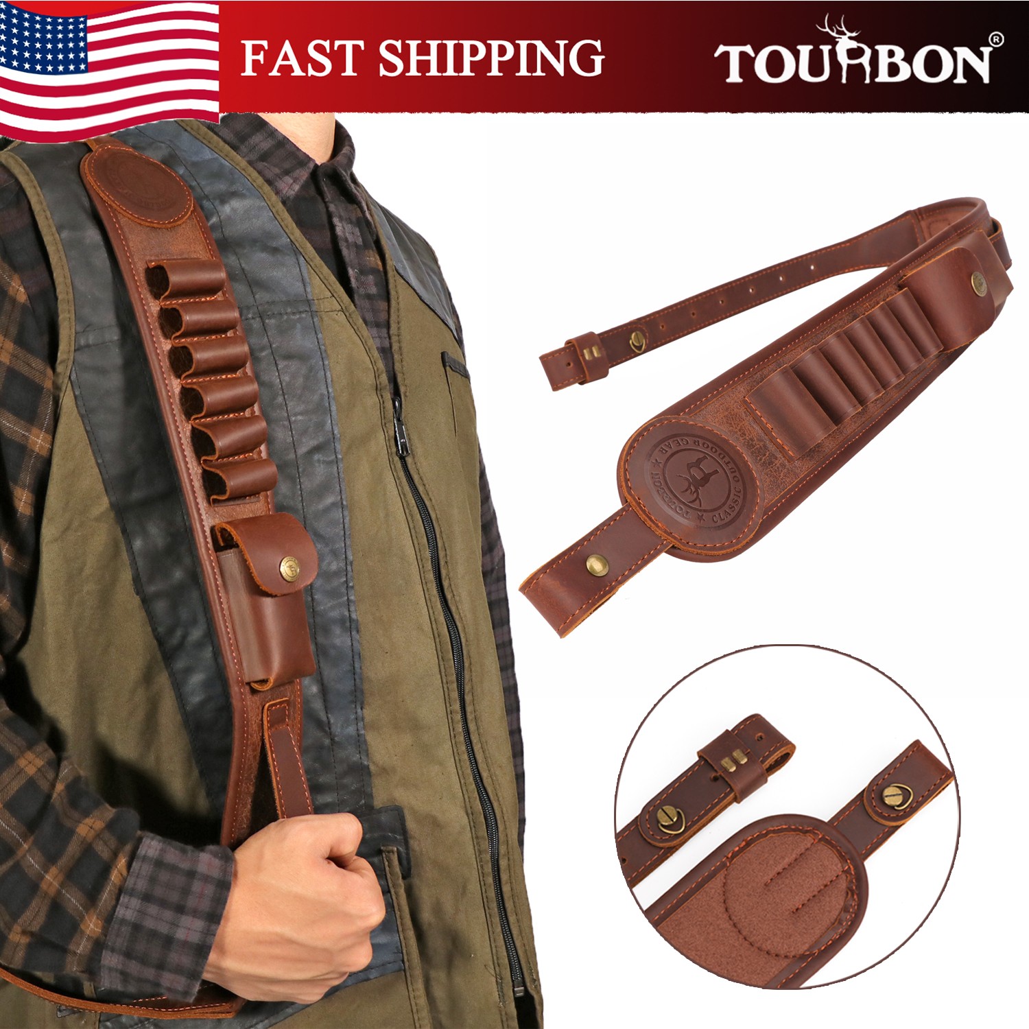 TOURBON Hunting Tactical Shotgun Sling 12GA Cartridge Holder Finger Rest Strap