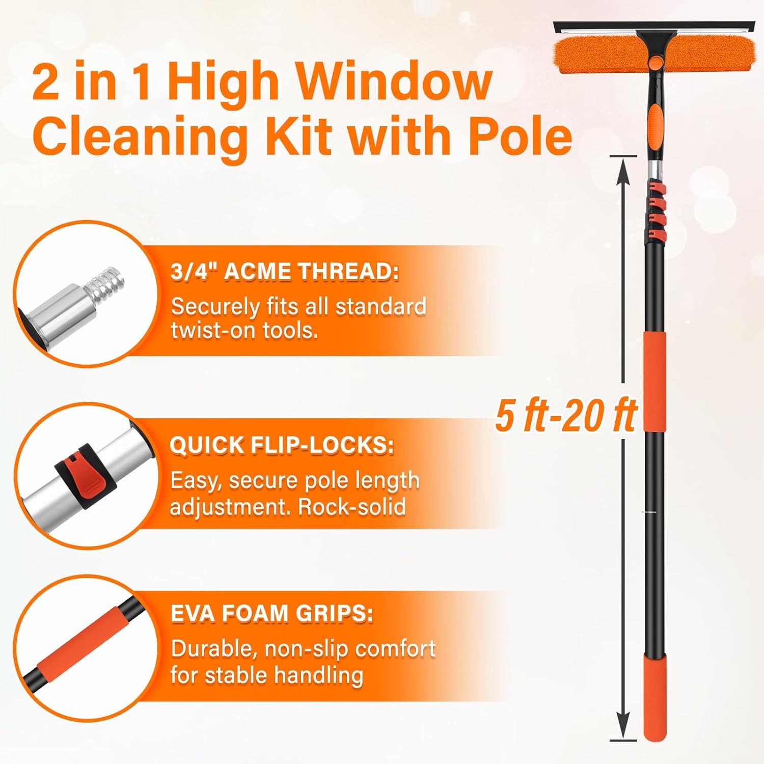 26FT Telescoping Window Cleaning Kit with 14" Squeegee - 2-in-1 Professional