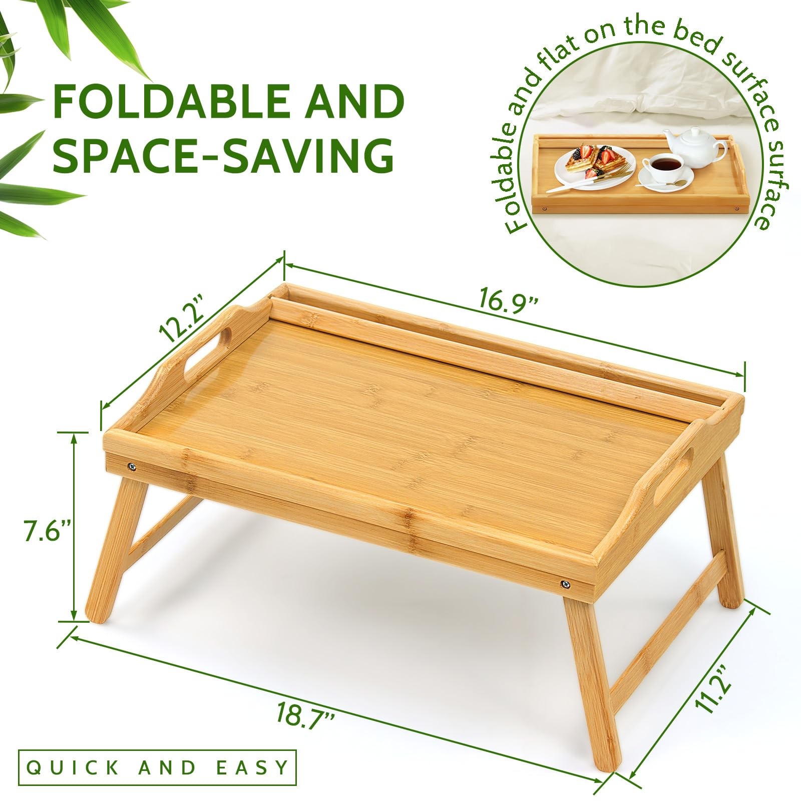 Tray Table for Bed, Bamboo Breakfast with 18.1" x 11.2" x 7.7",