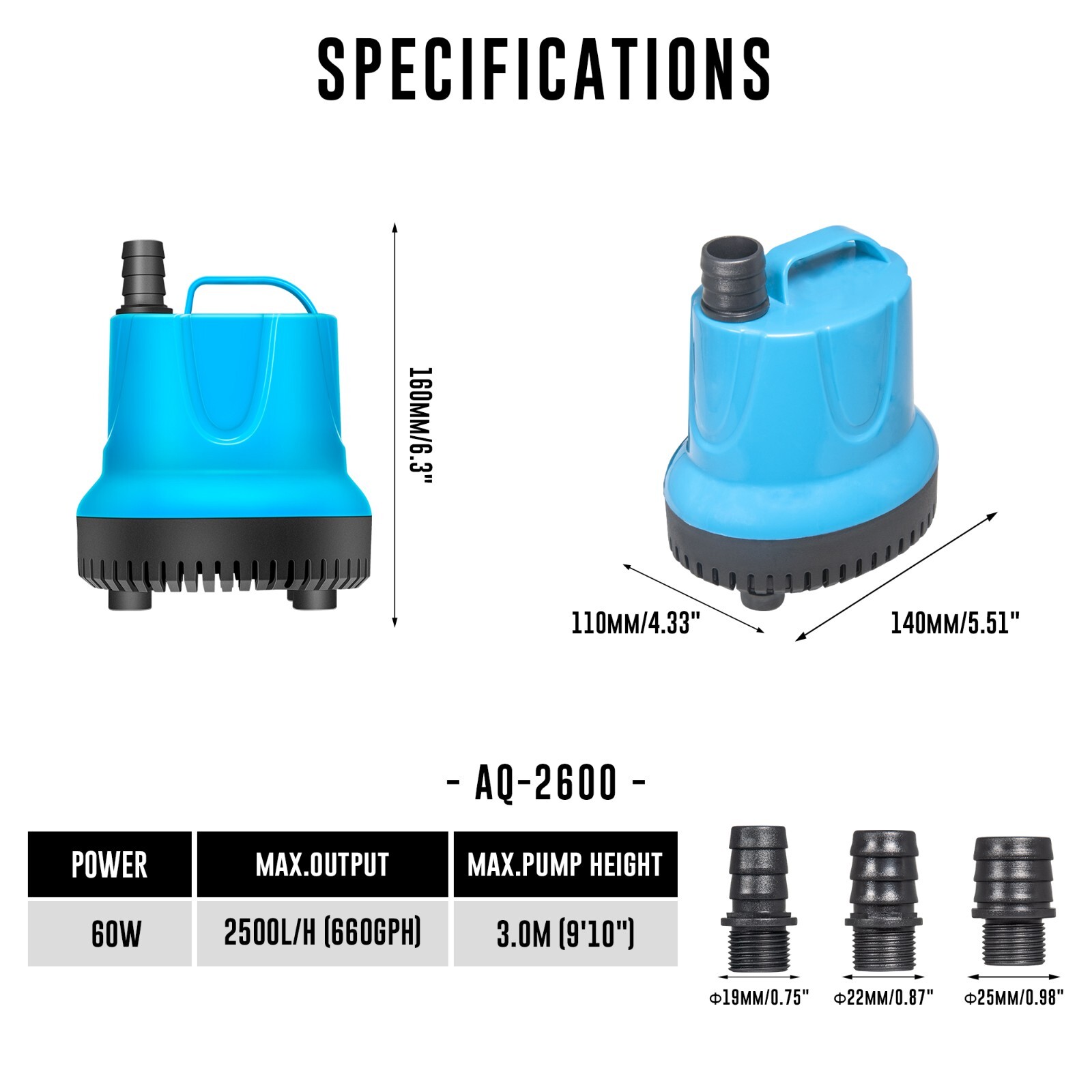 60W Bottom Feed Submersible Water Pump 660 GPH 1pc.