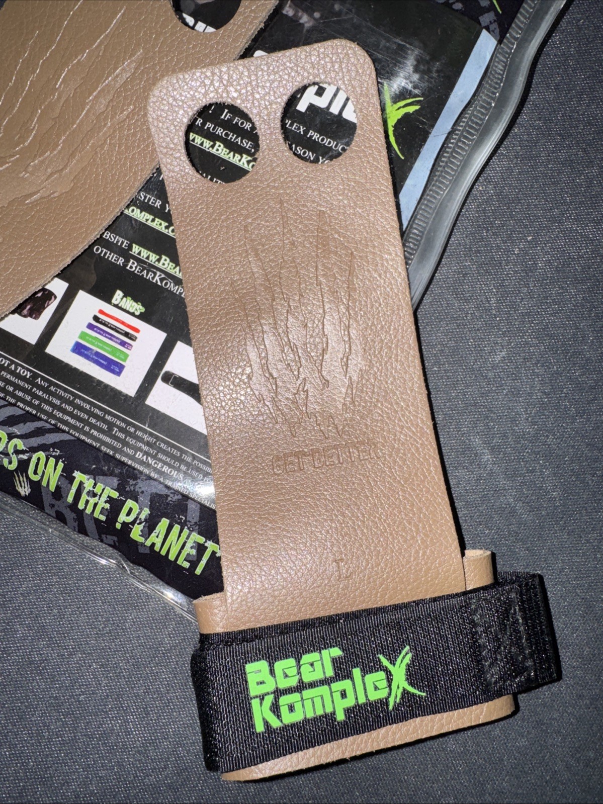 Bear Komplex 2 Hole Leather Hand Grips Tan Size Large