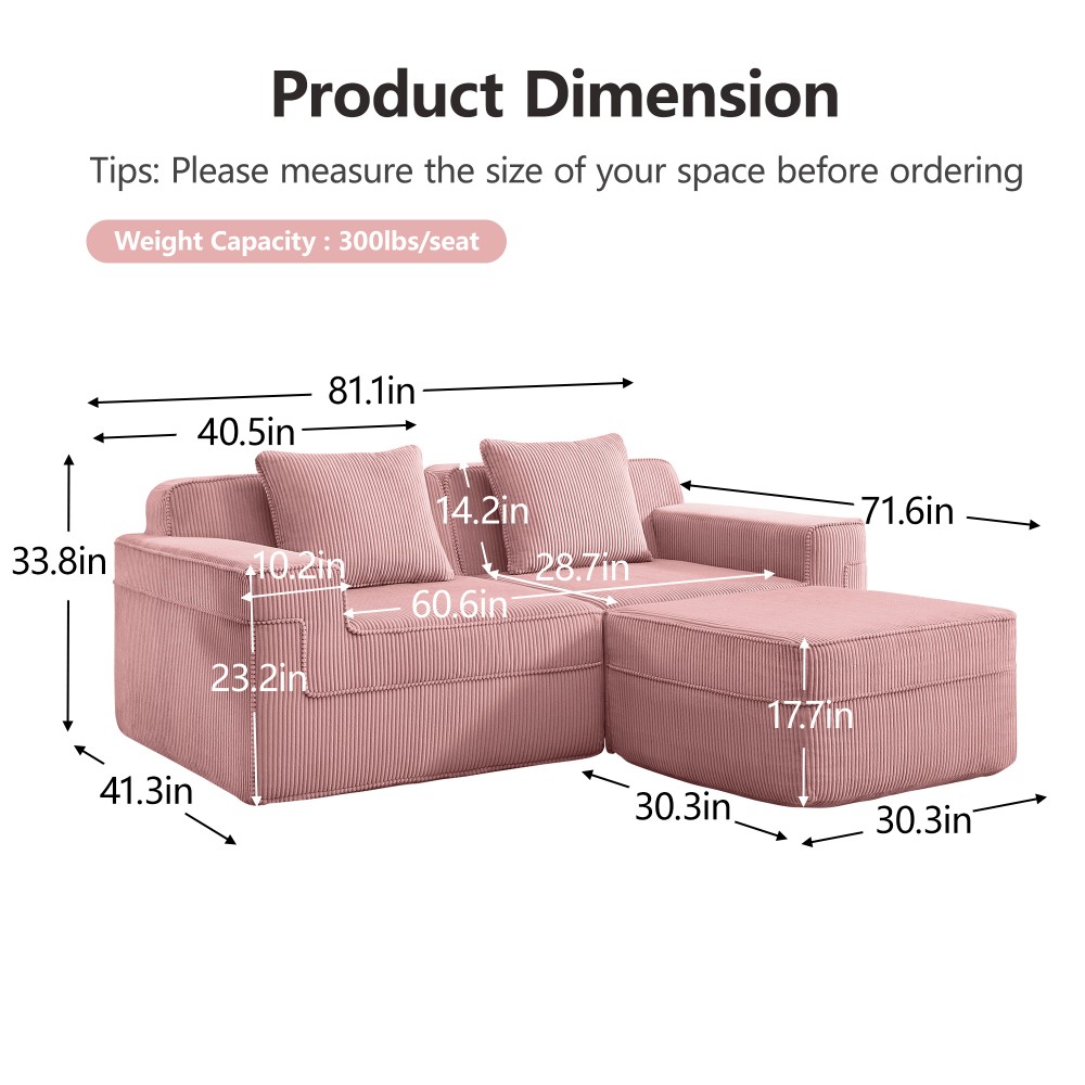 Modular 2-Seat Cloud Sofa w/ Ottoman & Pillows, Pink Corduroy