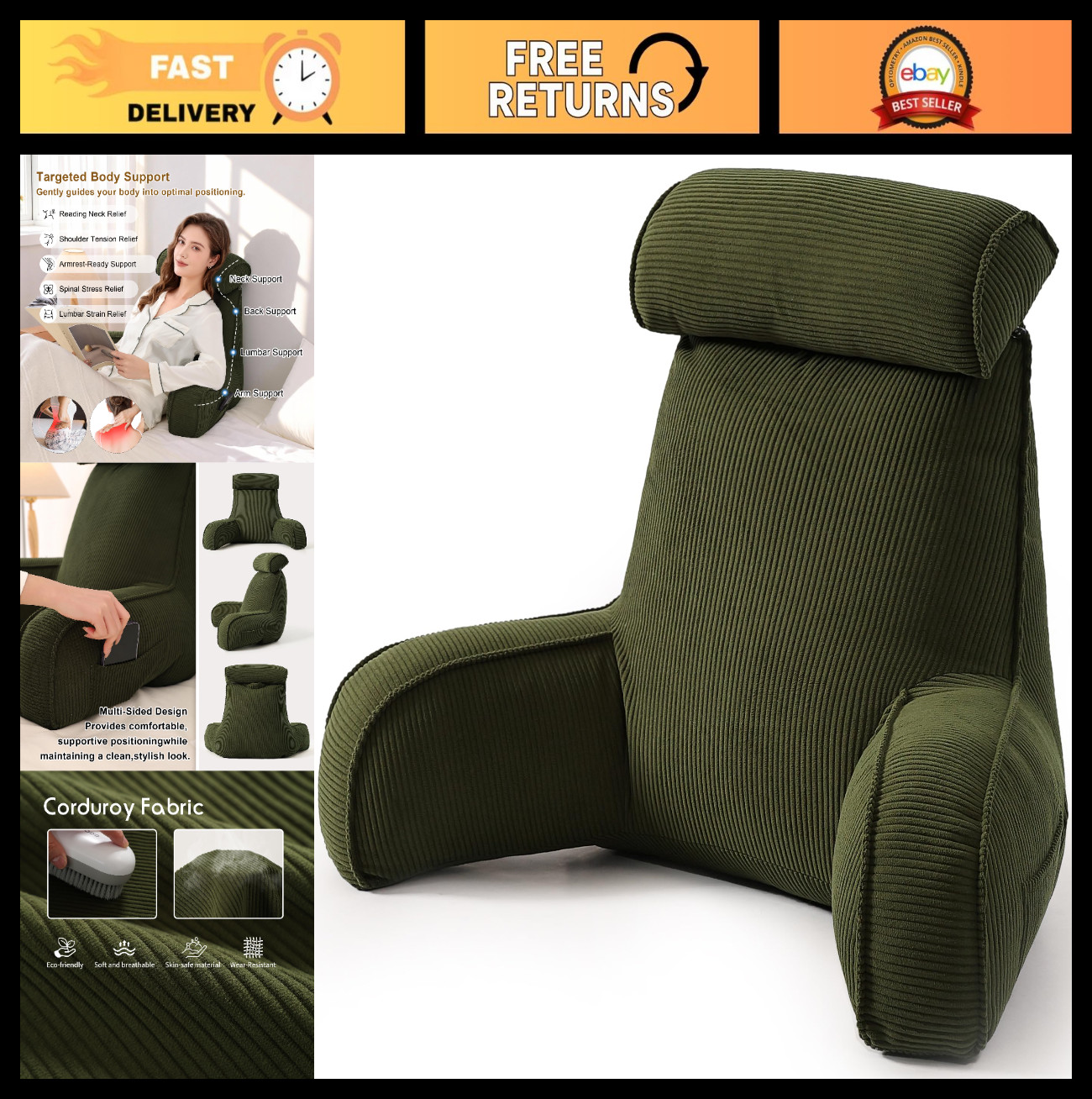 Cozy Corduroy Reading Pillow with Arms, Backrest Cushion for Bed & Sofa, Washabl