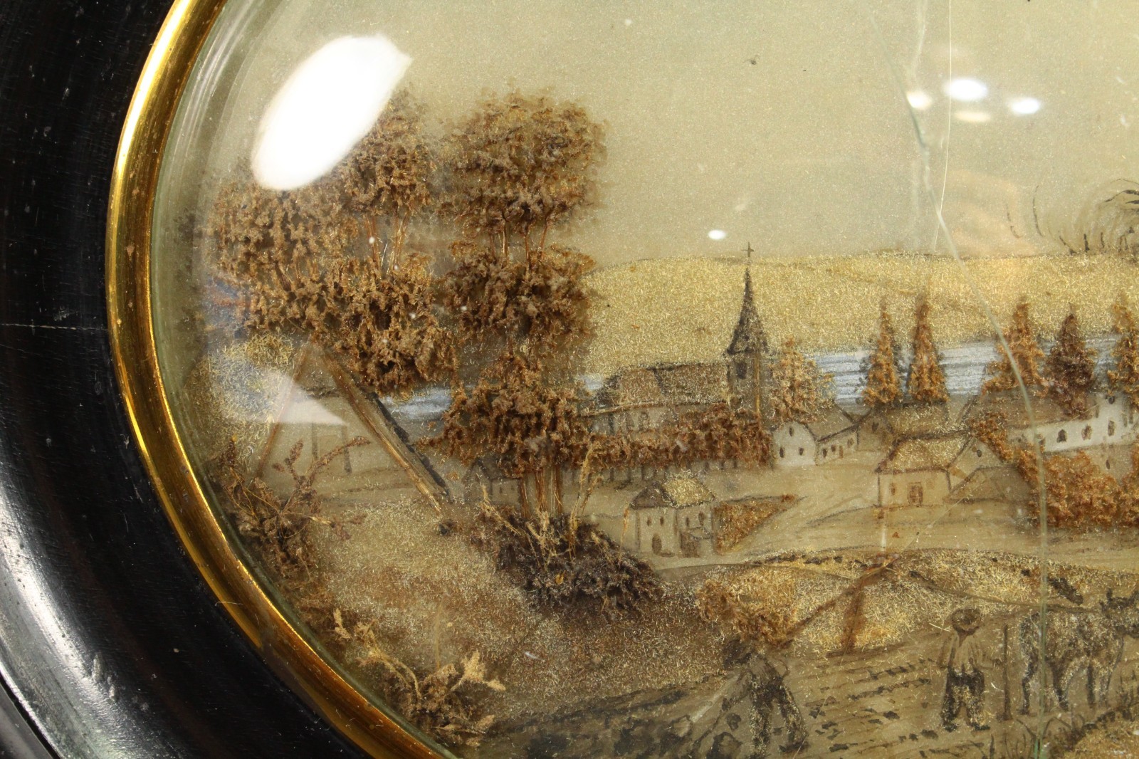 Antique 19th C. Mixed Media Reverse Glass Grisaille Diorama Oval Ebonized Frame