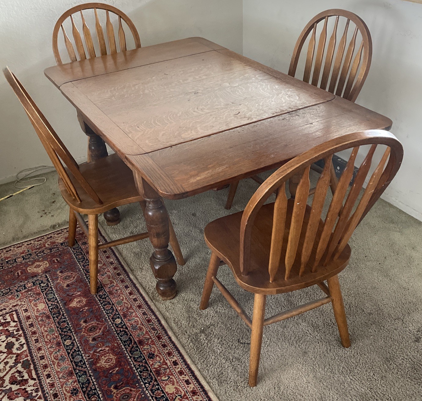 Vintage Solid Oak Dining Rectangle 59.25” Table. 4 Arrowback Chairs. Made Taiwan