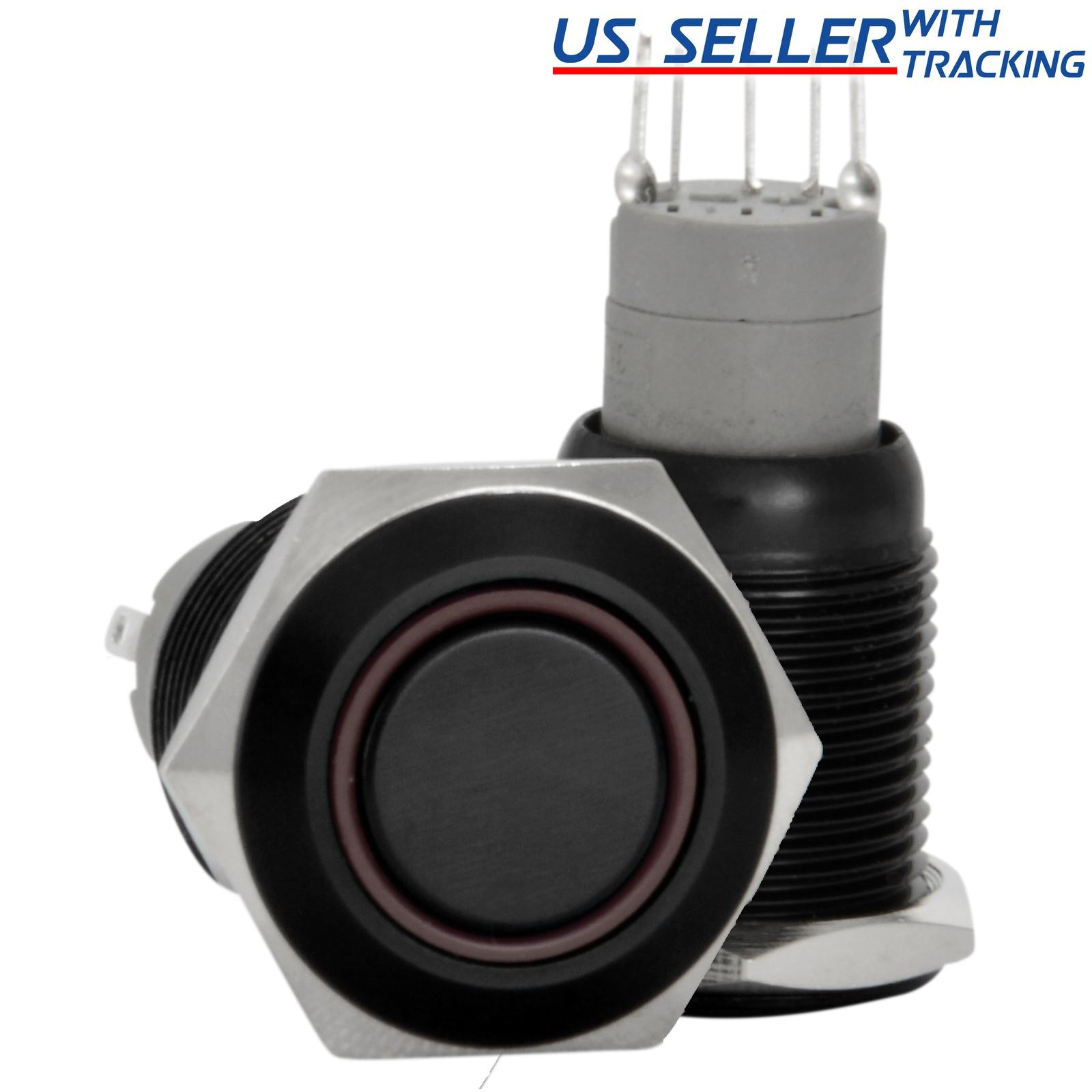 16mm 12V LED Momentary Push Button Black Metal Power Switch, Red