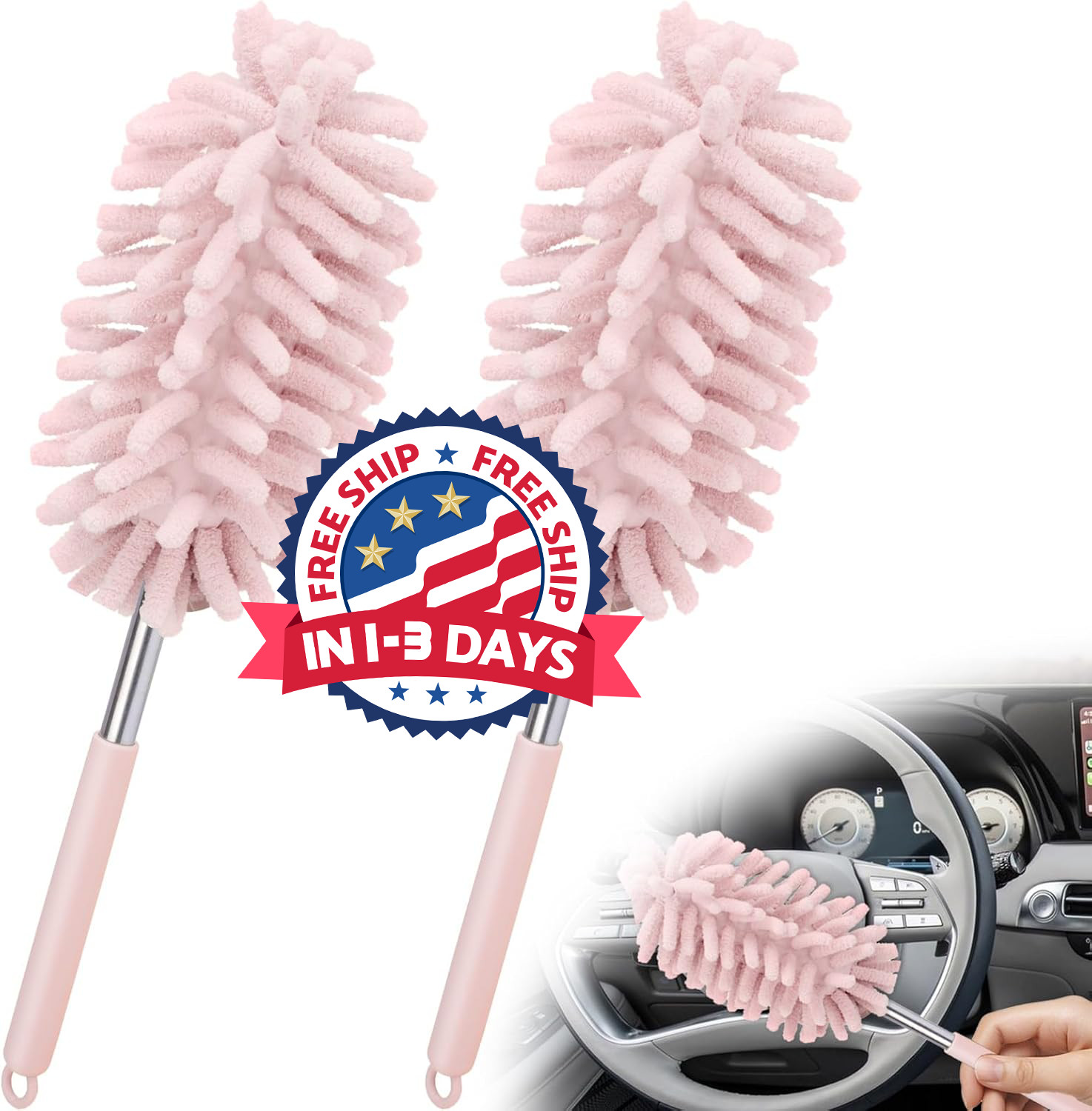 2 PCS Car Interior Duster with Extension Pole, Microfiber Car Duster with Bendab