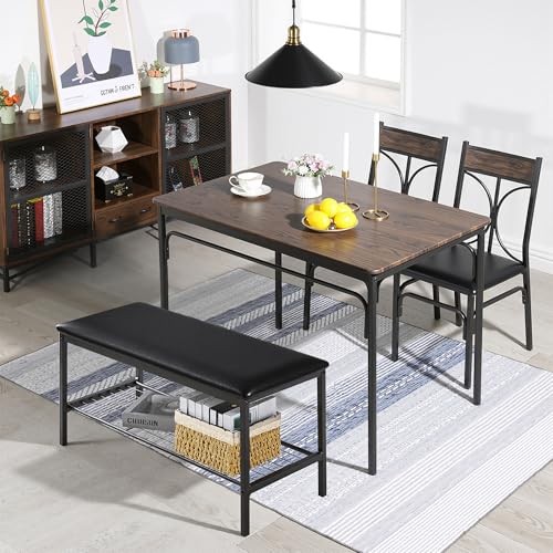 Kitchen Dining Table Set with Upholstered Bench & 2 seat for 4 Classic Brown