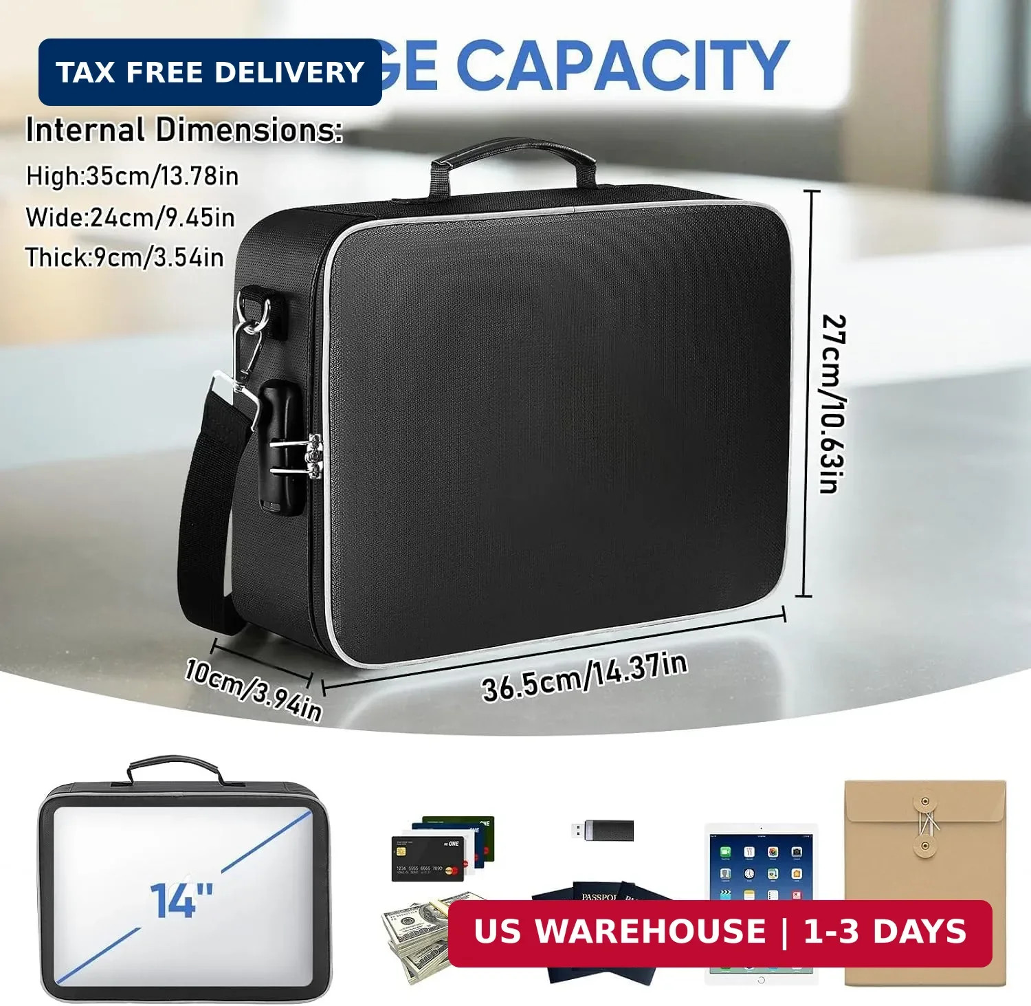Fireproof Waterproof Document Organizer Bag with Lock 3 Layer File Storage Case