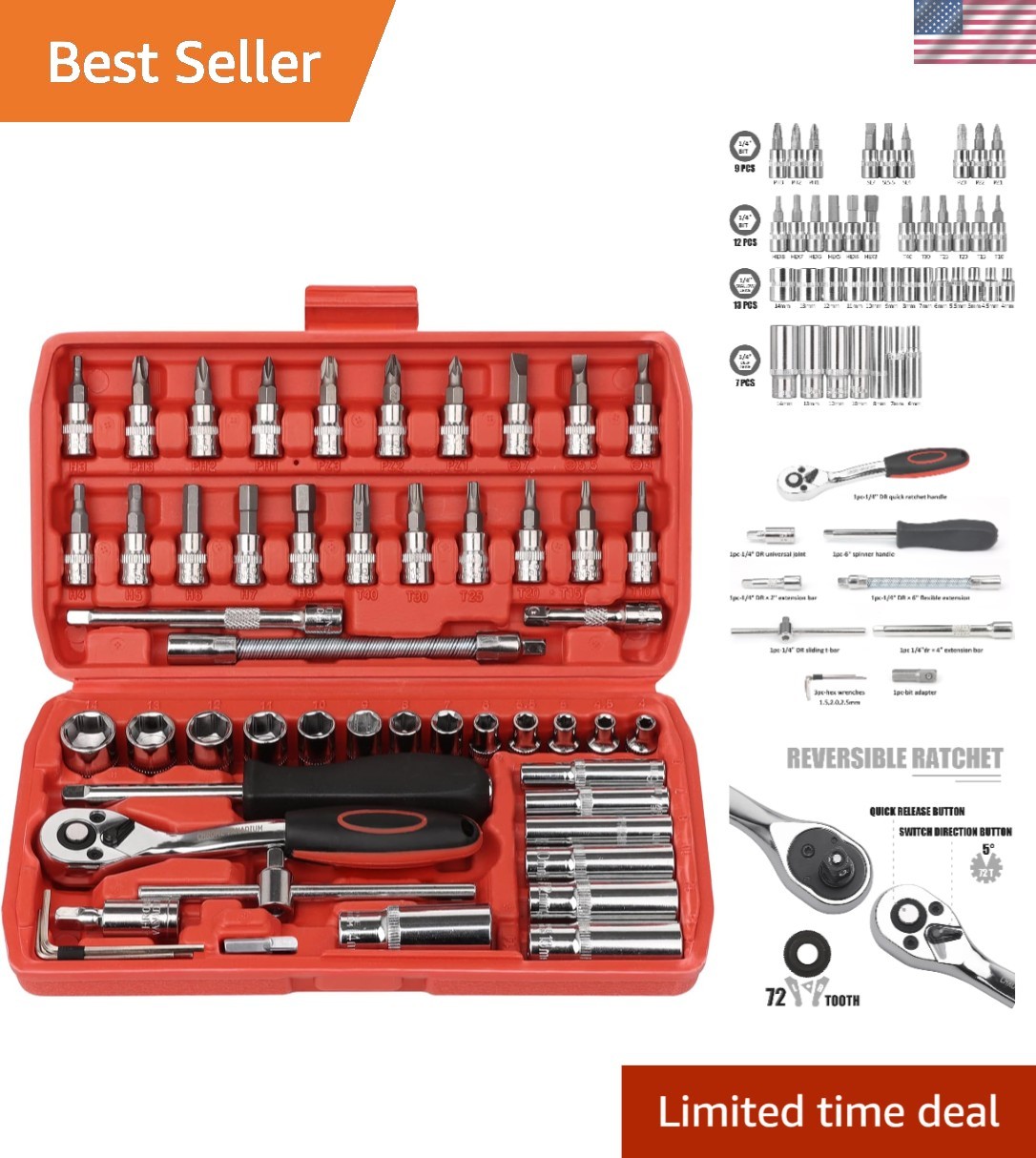 72-Tooth 1/4 Inch Drive Socket Wrench Set with Storage Case, 53 Pieces