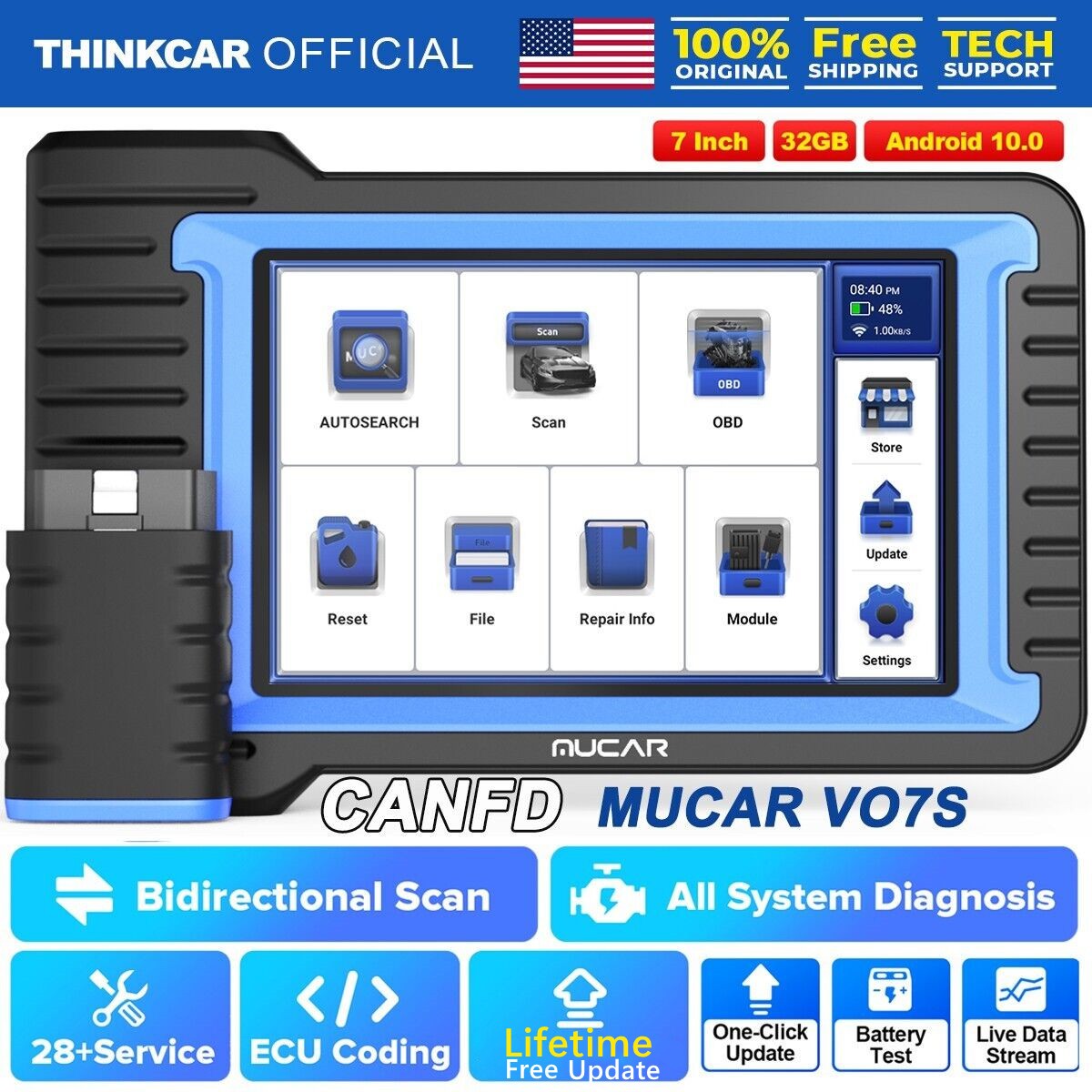 MUCAR VO7S Bidirectional Car OBD2 Diagnostic Scanner CANFD Tool Key Cod-ing IMMO