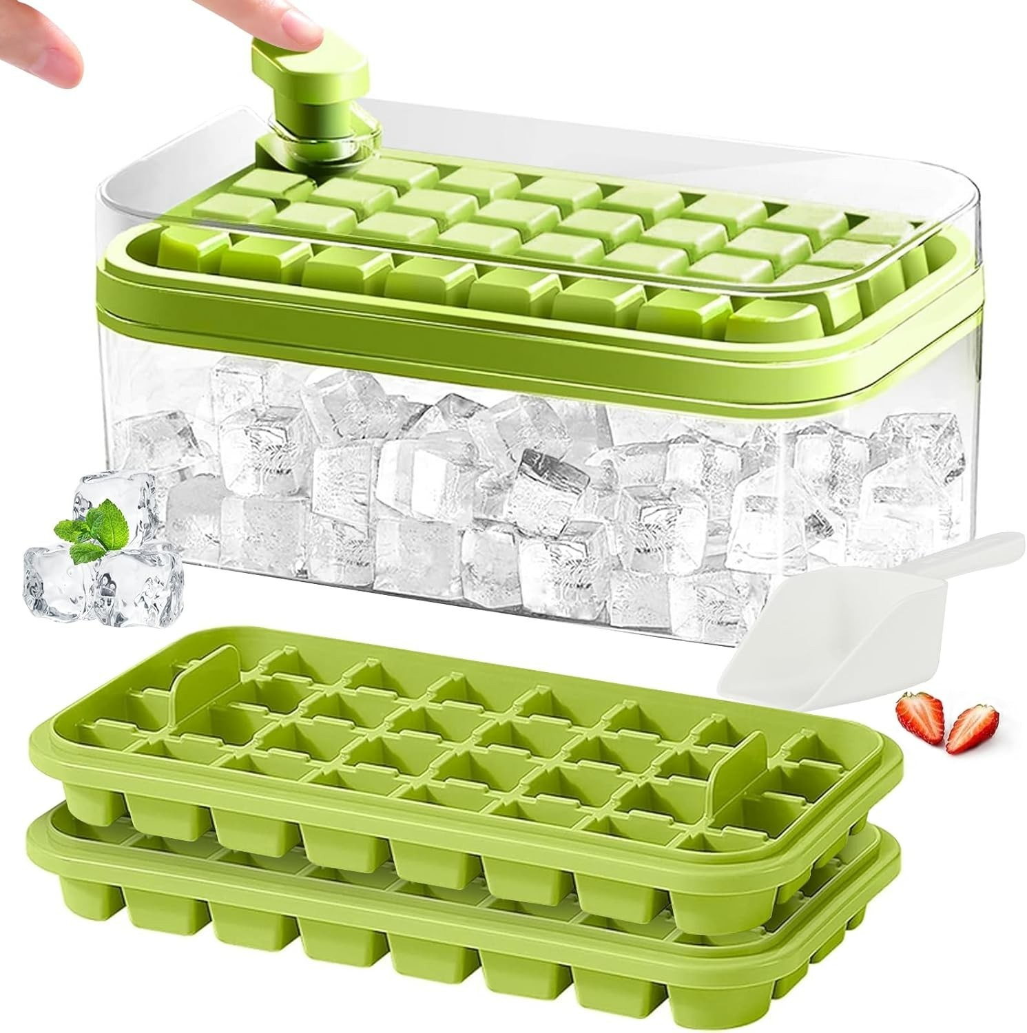 Bandeja de Hielo 64 Cubos con Tapa Recipiente y Pala Fácil Desmolde Verde