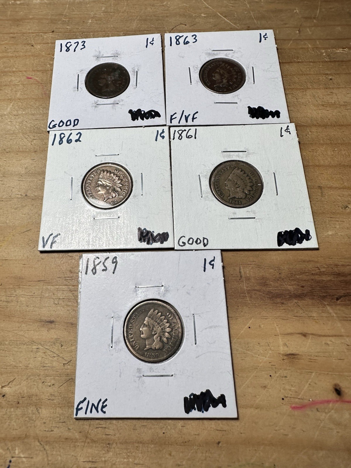 (5) Indian Head Penny Coins- 1873 G, 1863 F/VF, 1862 VF, 1861 G, 1859 Fine