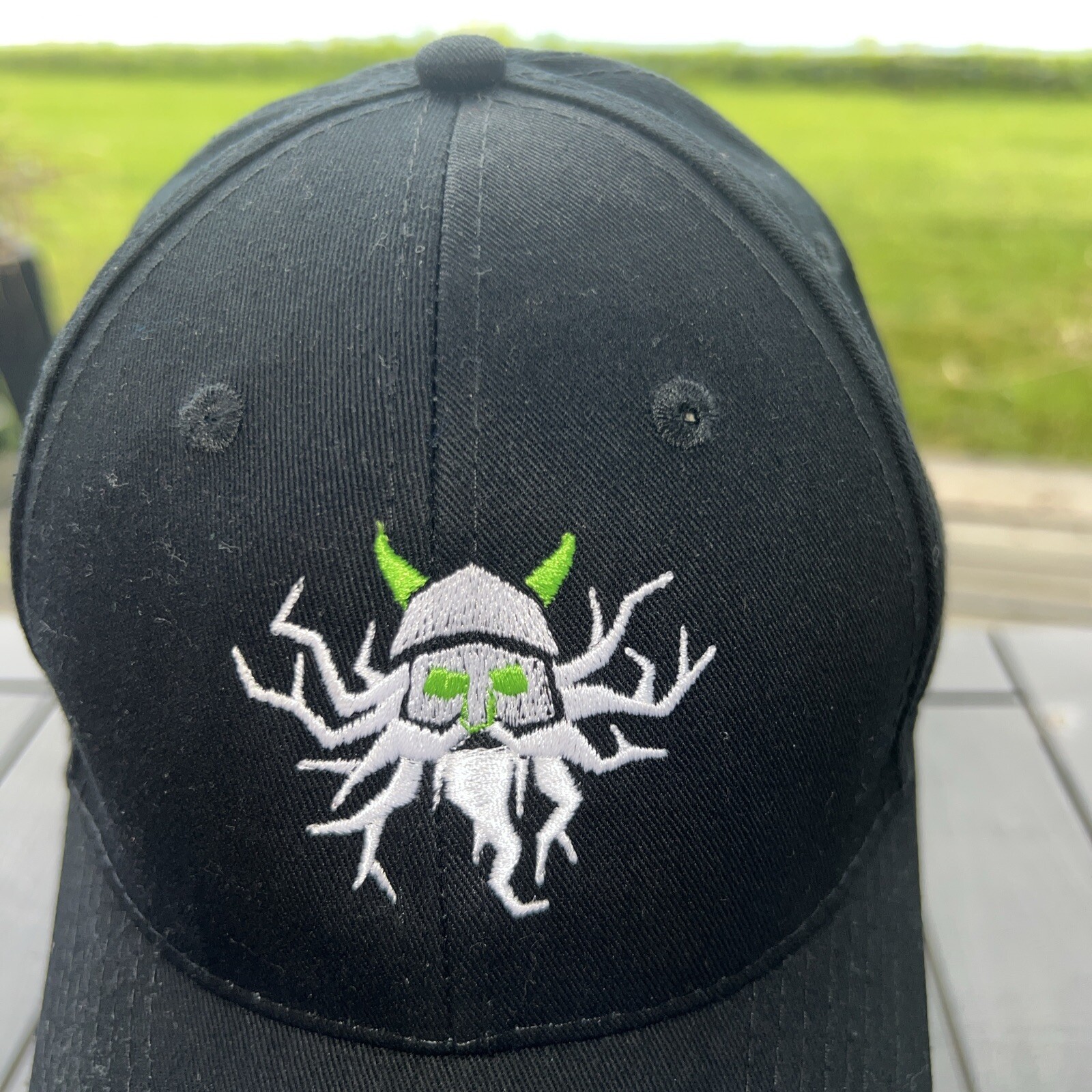 Viking Head in White Lime Green on Black Hat Cap Hook Loop VGC